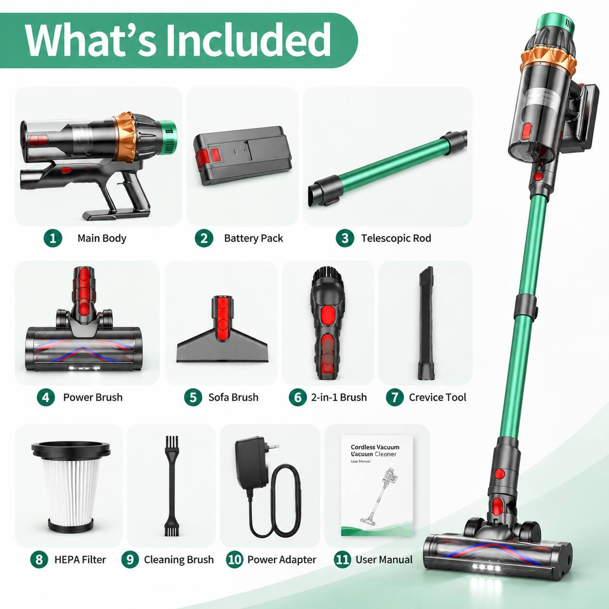What's Included
1. Main Body
2. Battery Pack
3. Telescopic Rod
4. Power Brush
5. Sofa Brush
6. 2-in-1 Brush
7. Crevice Tool
8. HEPA Filter
9. Cleaning Brush
10. Power Adapter
11. User Manual