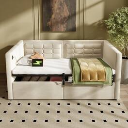 GOODSILO - Upholstered Twin Size Daybed with Hydraulic Storage and USB Charging, Tufted Sofa Back Design - Beige