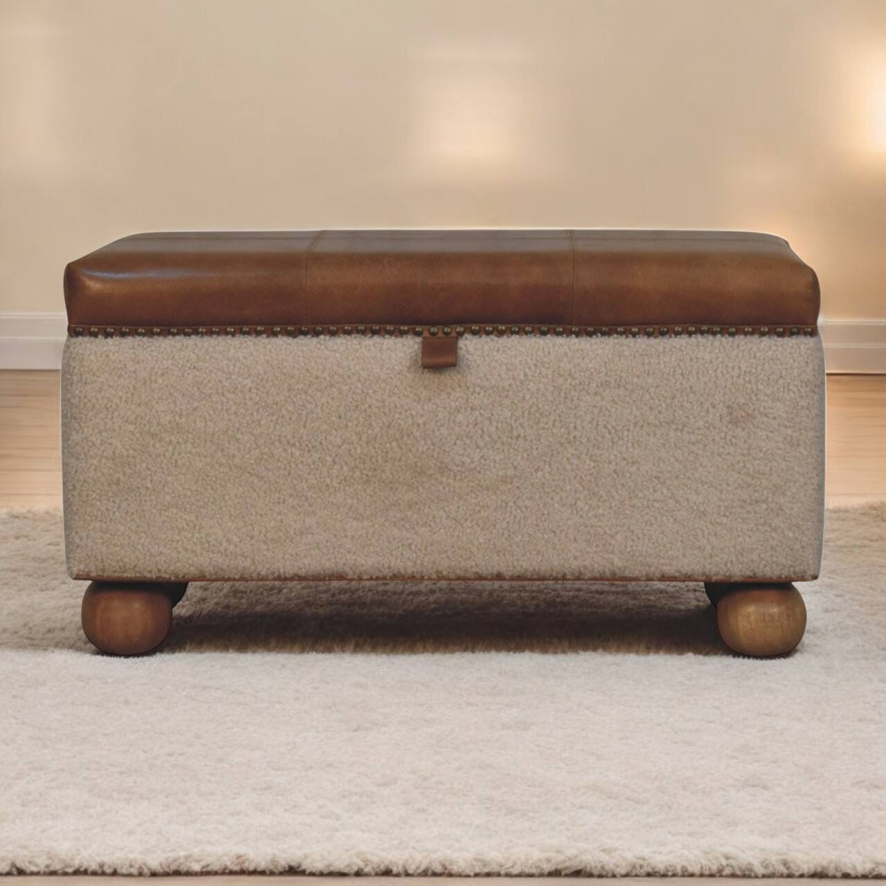 Alt View 6. Artisan Furniture - Artisan Furniture Solid Wood Boucle Lid- up Storage Ottoman, Upholstered, Boucle Fabric, Leather, Cream & Brown - Brown & Cream.