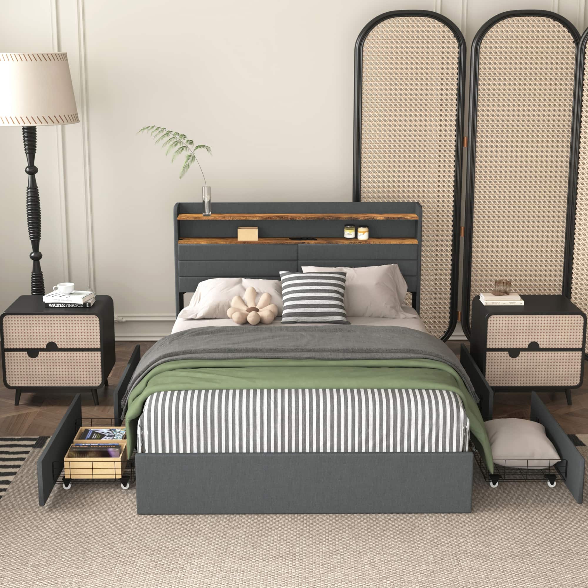 GOODSILO - Upholstered Full Size Bed Frame with Storage Drawers, LED Lighting, and Built-in Charging Station - Black+Gray