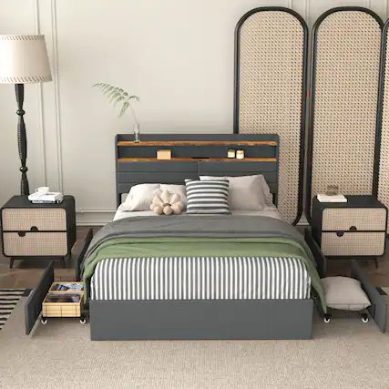 Front. GOODSILO - Queen Size Upholstered Platform Bed Frame with Storage Drawers, LED Lighting, and Built-in Charging Station - Black+Gray.