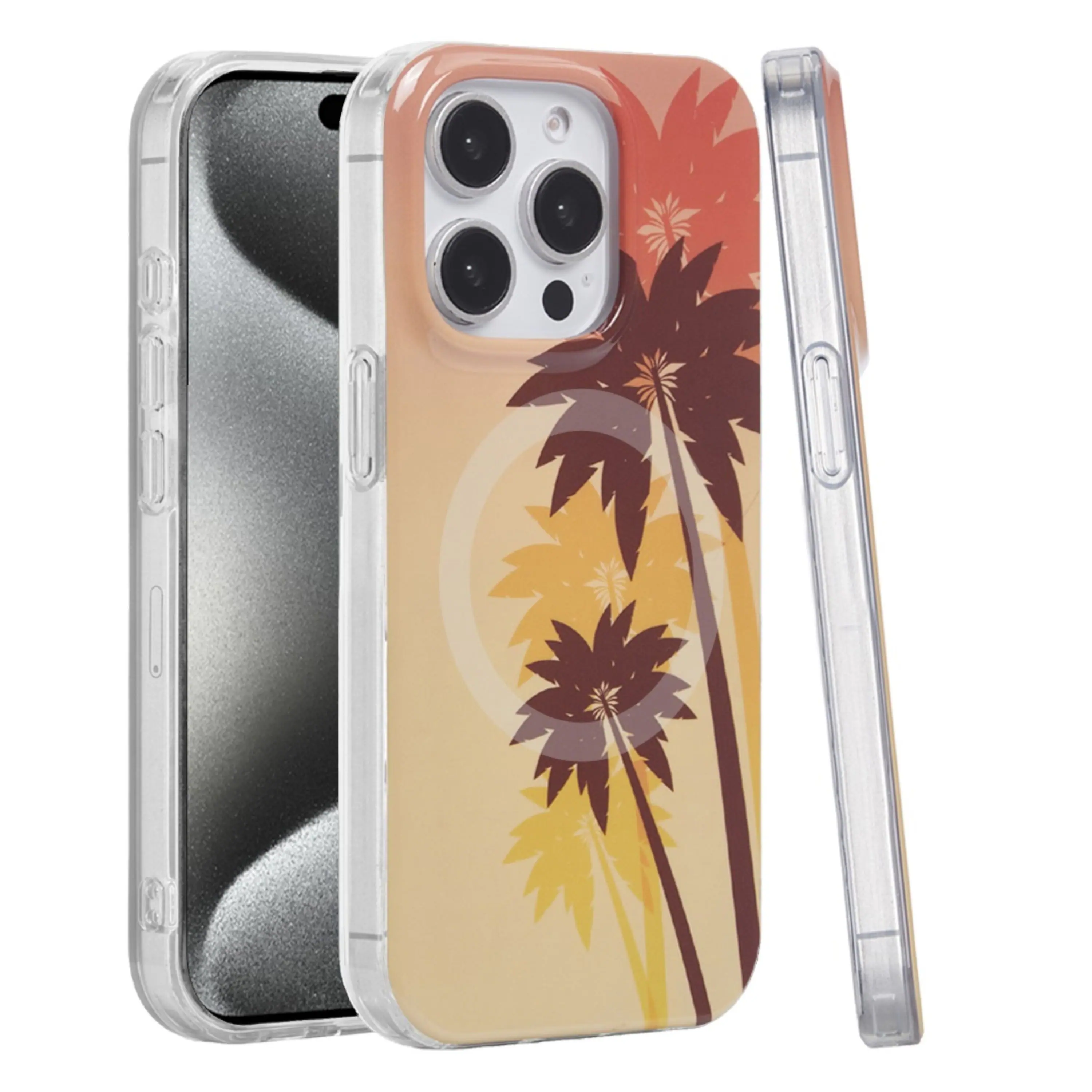 Left. Kitcheniva - Coconut Palm Design Dual Layer TPU Magnetic Circle Phone Case With 2 Pcs Tempered Glass For iPhone 15 Pro Max - Multicolor.