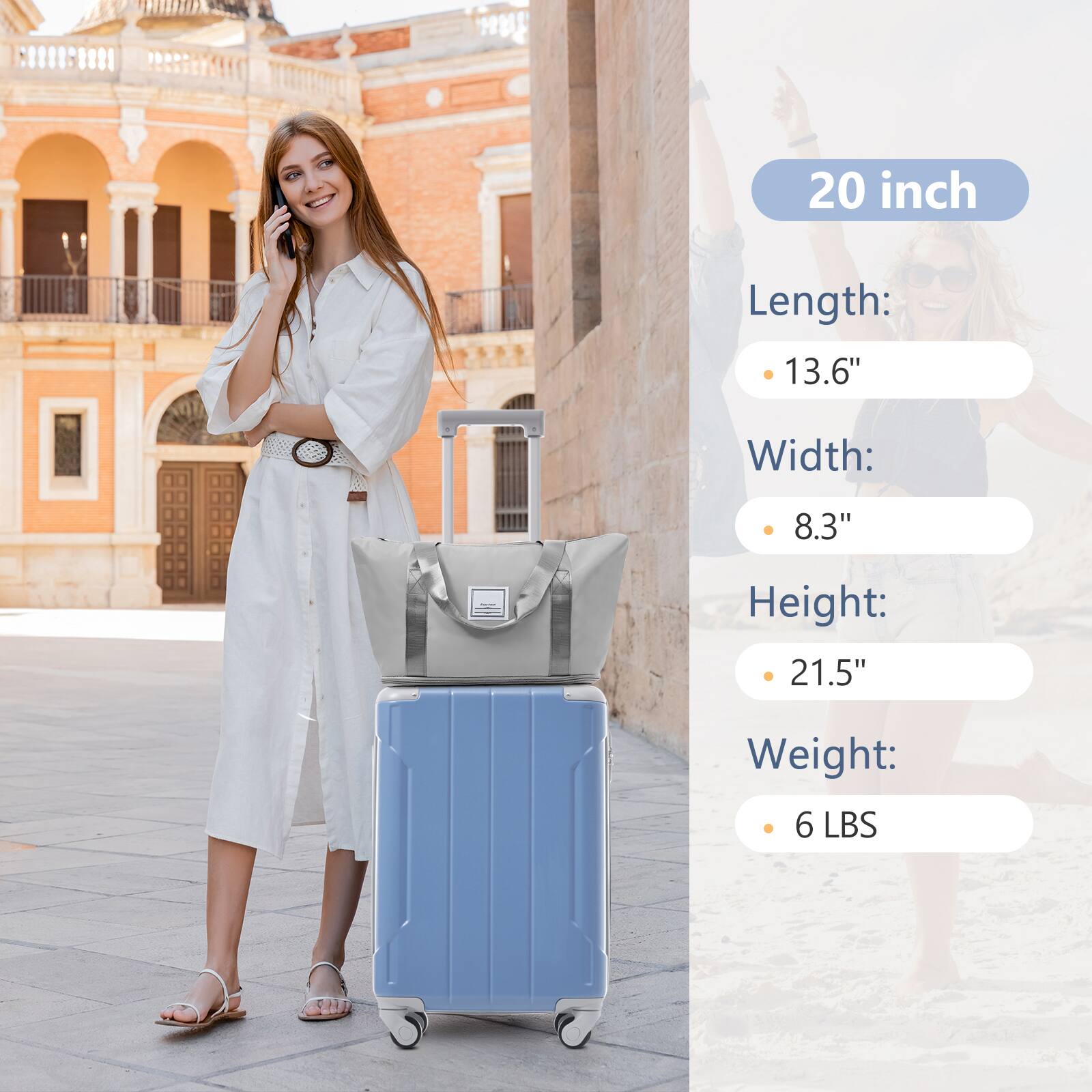 20 inch  
Length: 13.6"  
Width: 8.3"  
Height: 21.5"  
Weight: 6 LBS