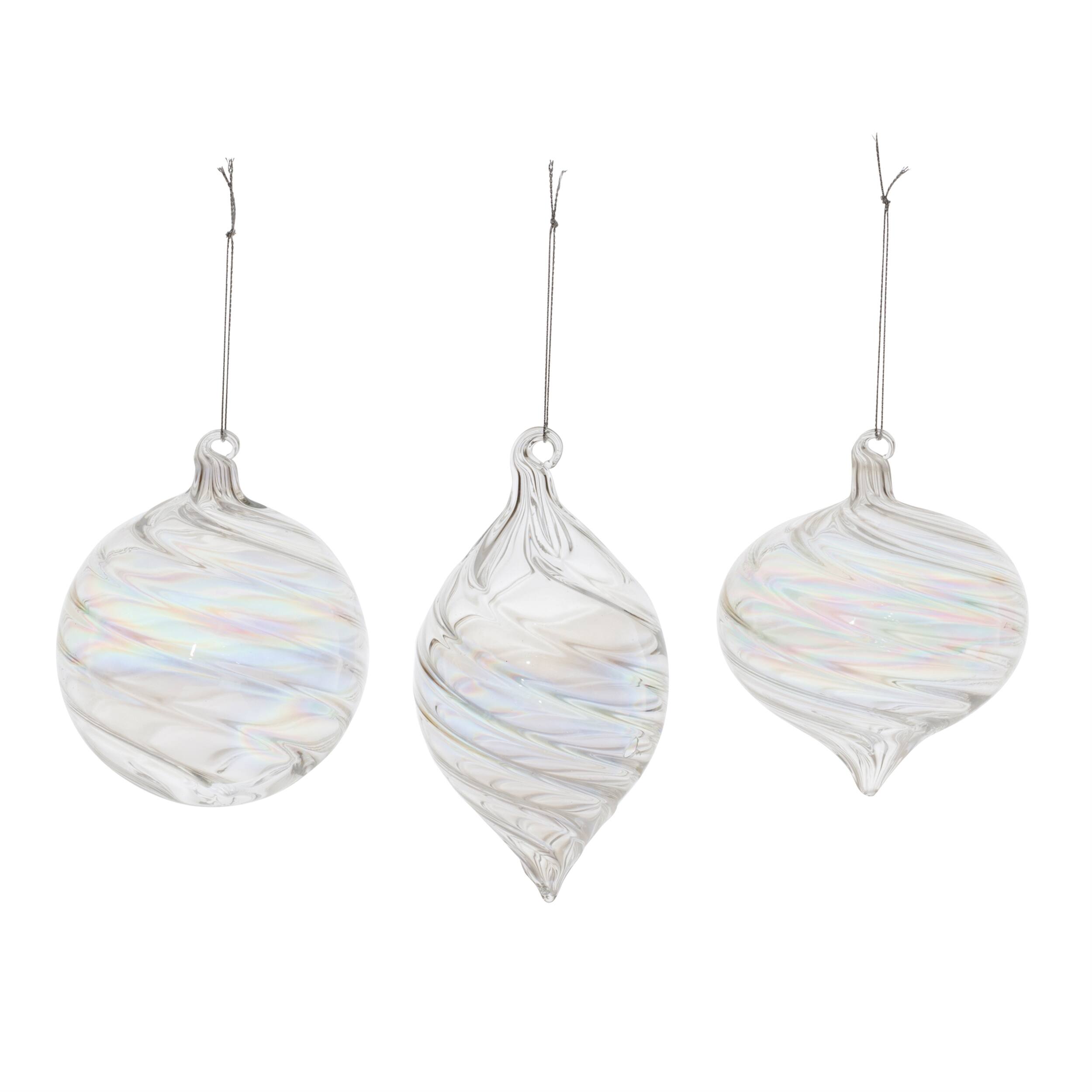 Angle. BreeBe - Iridescent Swirl Glass Ornament (Set of 6) - Clear.