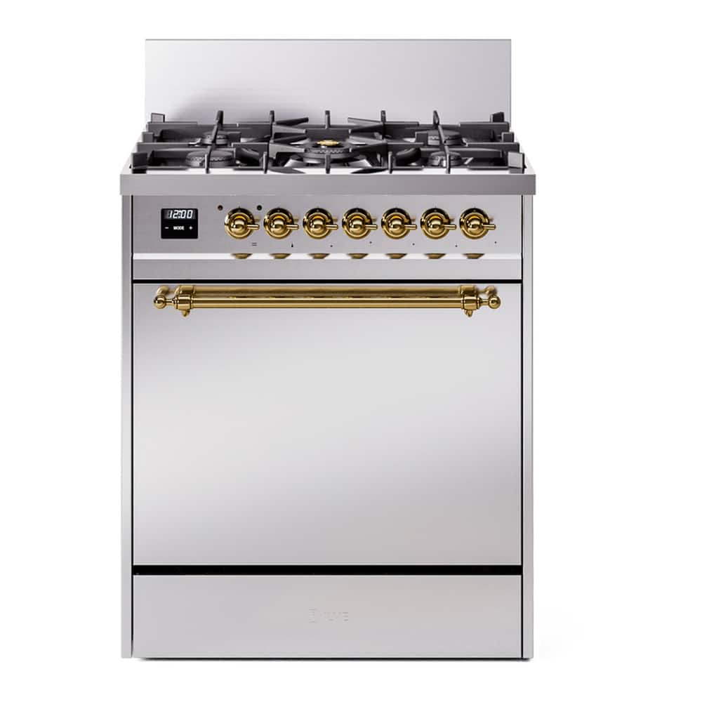 ILVE - Nostalgie II Series 30 in. Dual Fuel Range with 5 Sealed Burners (Liquid Propane, Brass Trim) - Stainless Steel