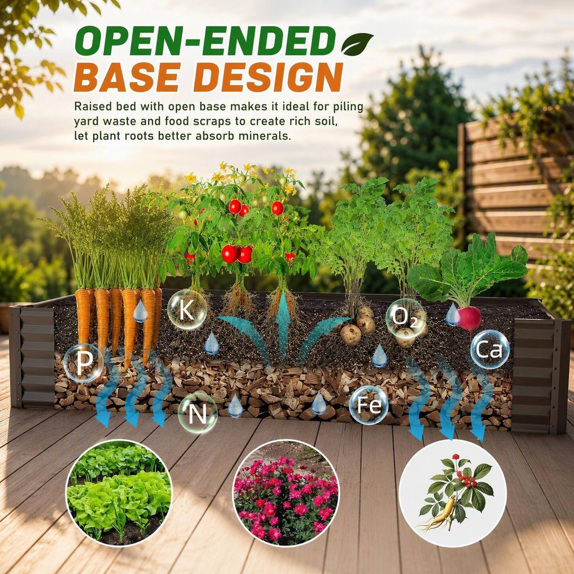 OPEN-ENDED BASE DESIGN  
Raised bed with open base makes it ideal for piling yard waste and food scraps to create rich soil, let plant roots better absorb minerals.

P  
K  
O2  
Ca  
N  
Fe