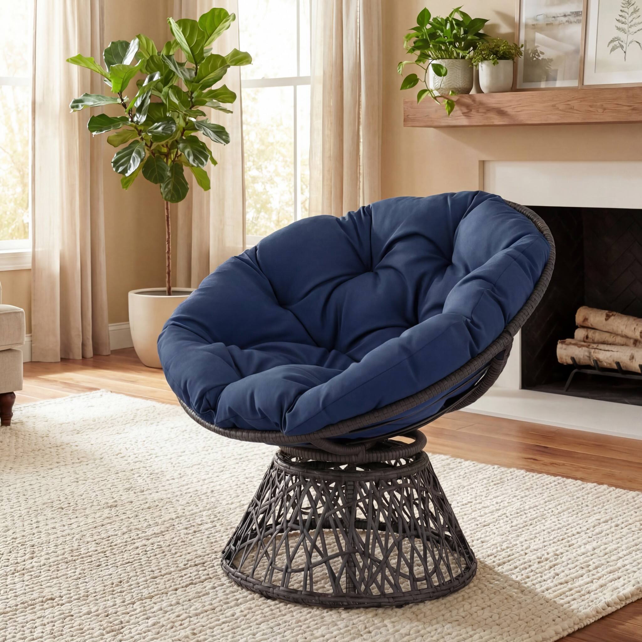Alt View 1. Costway - Costway Papasan Chair, Swivel Chair with Extra-Thick Cushion, Metal Frame, Rattan Wicker Lounge Chair for Yard, Balcony - Navy Blue.