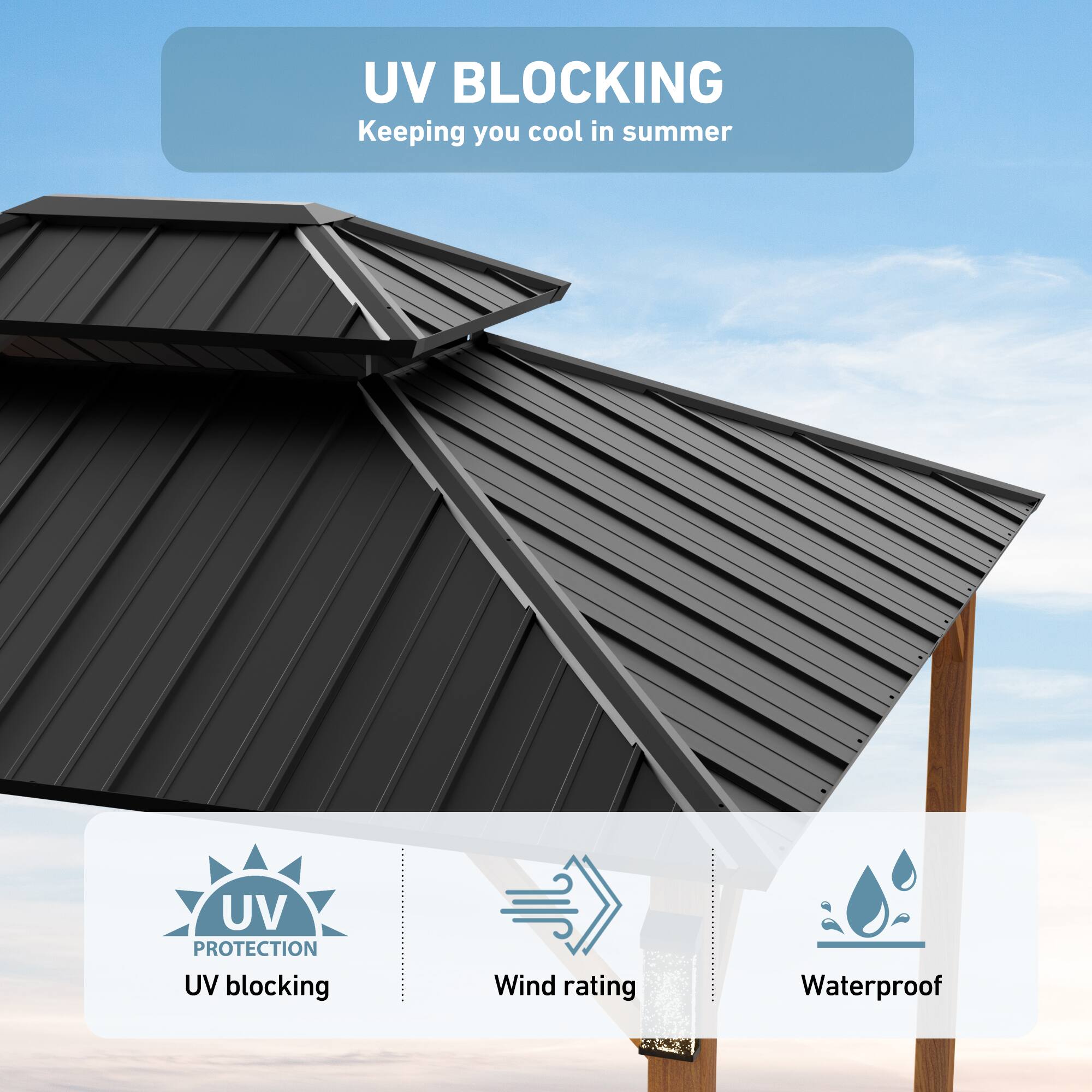 UV BLOCKING  
Keeping you cool in summer  

UV PROTECTION  
UV blocking  

Wind rating  

Waterproof