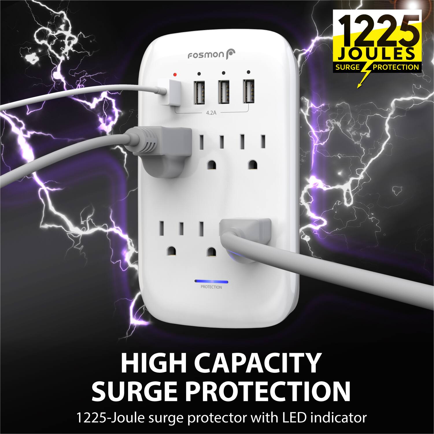 Fosmon 1225 JOULES SURGE PROTECTION, HIGH CAPACITY SURGE PROTECTION, 1225-Joule surge protector with LED indicator