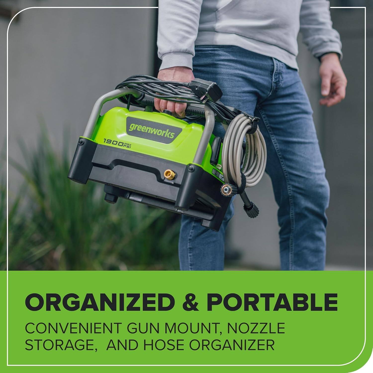 greenworks 1900 PSI ORGANIZED & PORTABLE CONVENIENT GUN MOUNT, NOZZLE STORAGE, AND HOSE ORGANIZER
