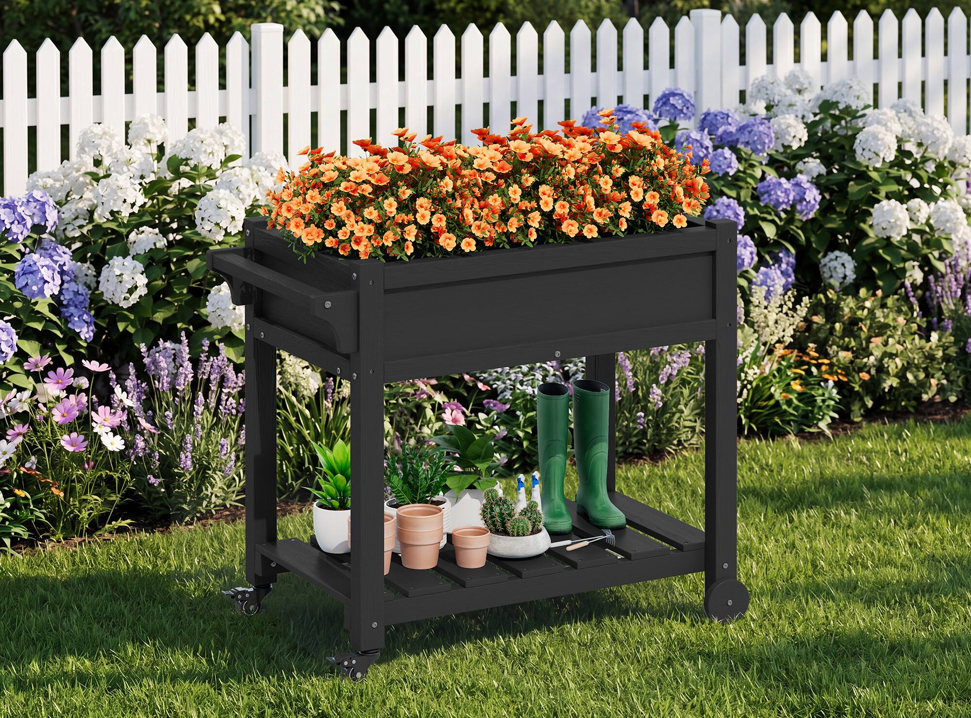 Alt View 3. SERWALL - SERWALL Raised Garden Bed on Wheels with Storage Shelf,Black - Black.