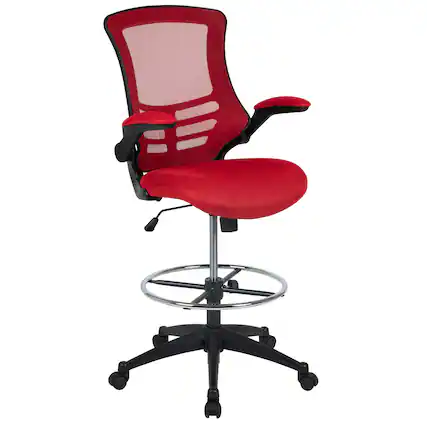 Front. Emma + Oliver - Mid-Back Mesh Ergonomic Drafting Chair with Foot Ring and Flip-Up Arms - Red Mesh/Black Frame.