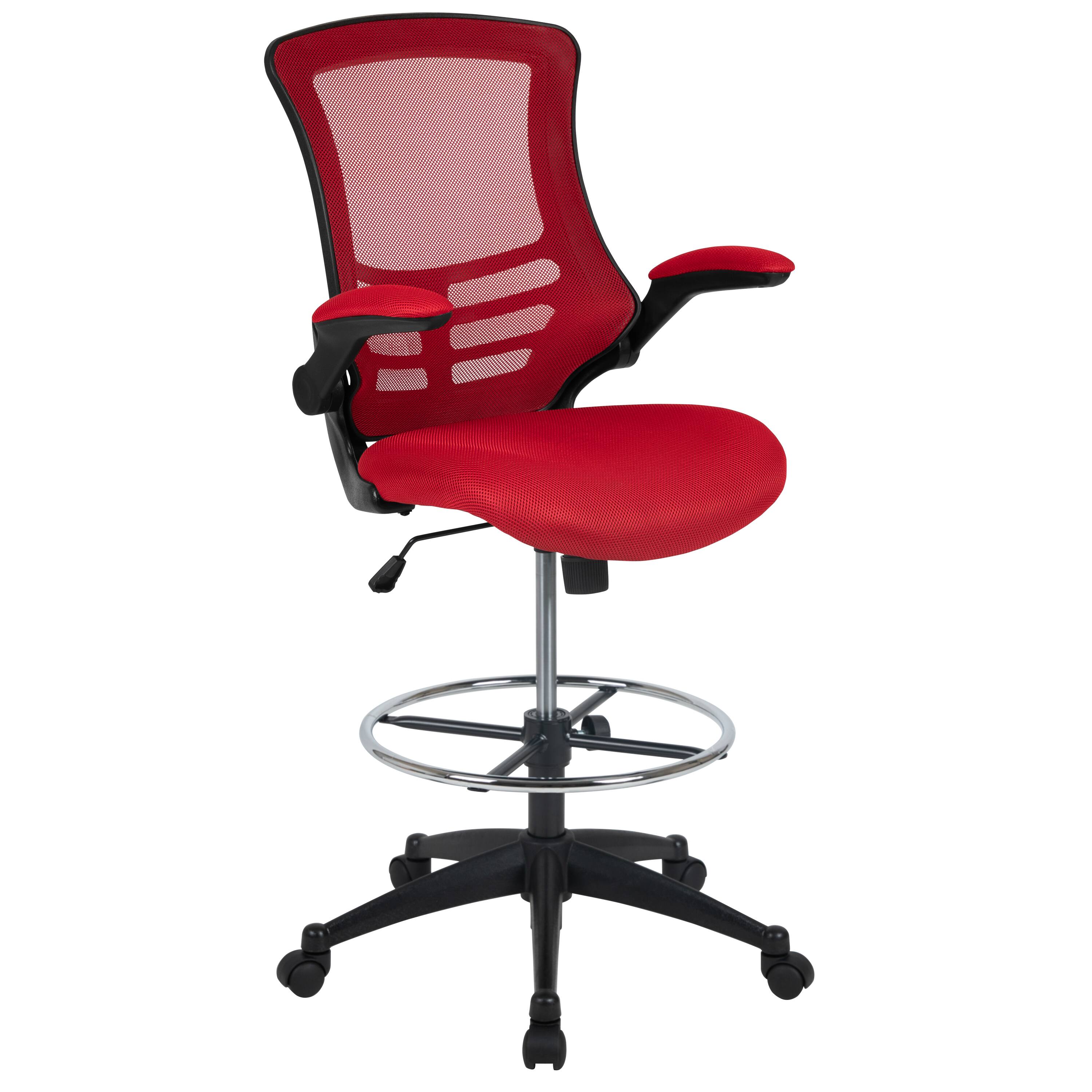 Front. Emma + Oliver - Mid-Back Mesh Ergonomic Drafting Chair with Foot Ring and Flip-Up Arms - Red Mesh/Black Frame.