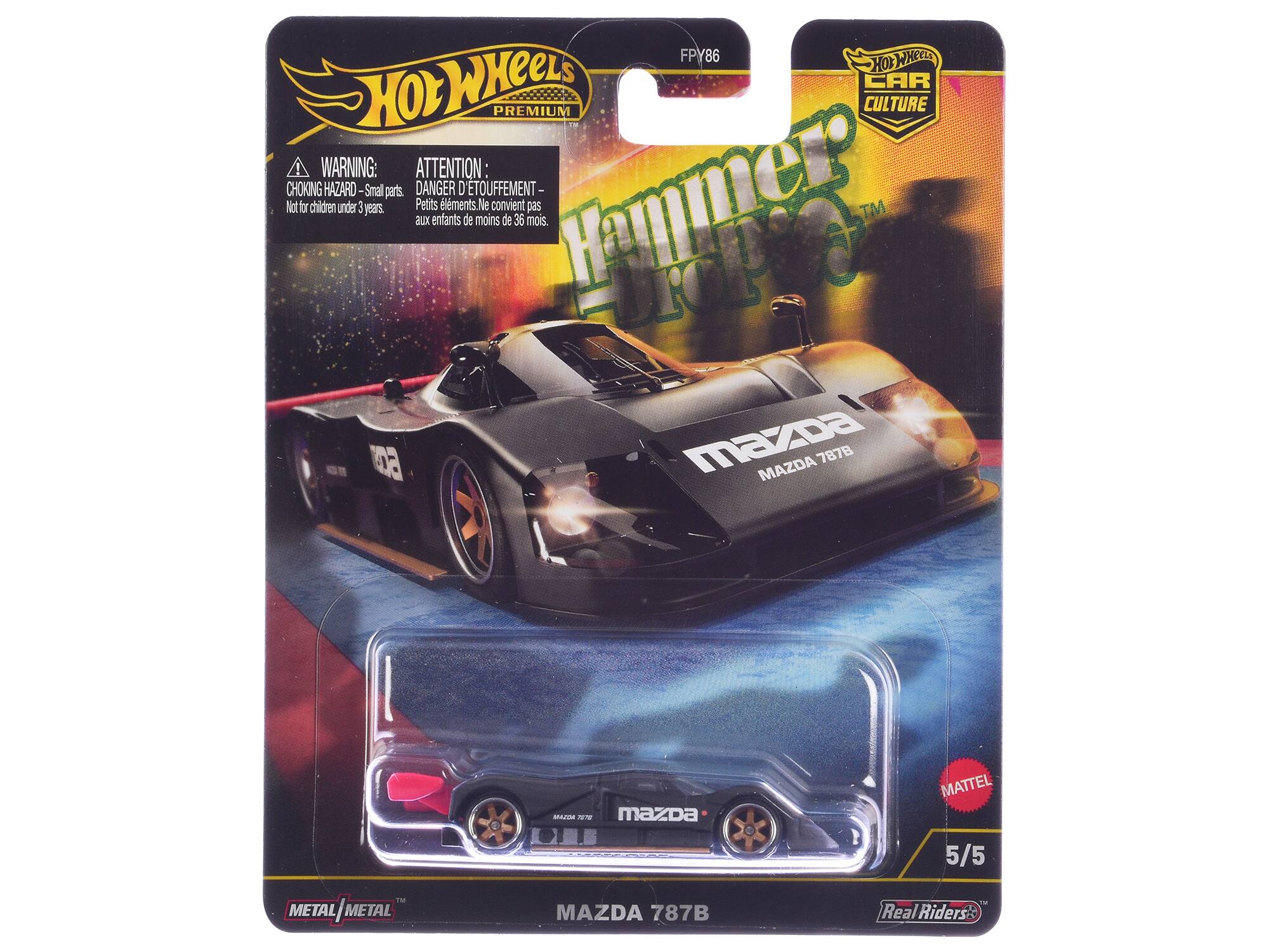 FPY86 WHEEL HOT WHEELS CAR PREMIUM CULTURE WARNING: ATTENTION: CHOKING HAZARD-Small parts. DANGER D'ETOUFFEMENT- Not for children under 3 years. aux Petits enfants éléments de moins de 36 mois. pas Hammer TM  MAZDA 7878 TM METAL / METAL ada NS mAZDa LHE MAZDA 787B MATTEL 5/5 - Real Riders