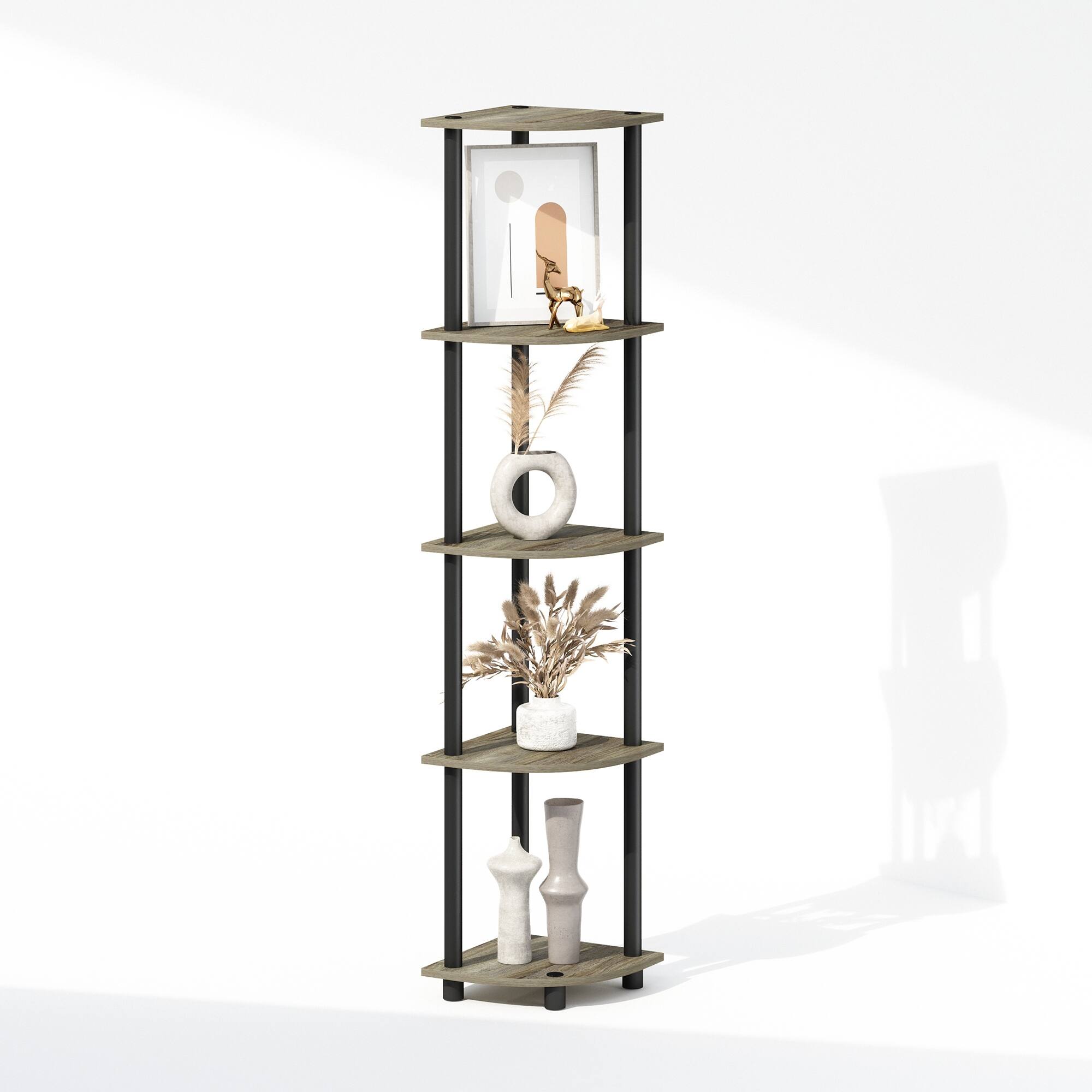 Alt View 3. Furinno - TURN-N-TUBE 5-Tier Shelving Unit, Corner Shelf, Corner Display Rack, for Organization and Storage - Grey Oak/Black.