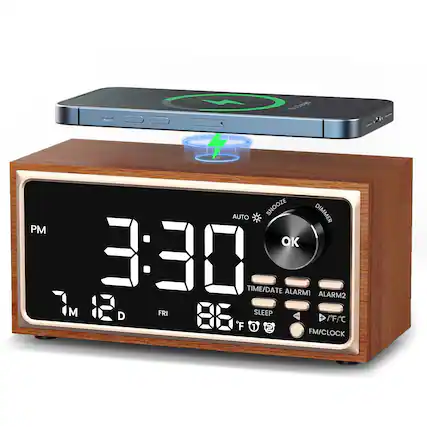 - SNOOZE
- DIMMER
- AUTO
- PM
- OK
- 3:30
- TIME/DATE
- ALARM1
- ALARM2
- M
- D
- FRI
- B6
- SLEEP
- F/C
- C
- F
- 1
- 2
- FM/CLOCK