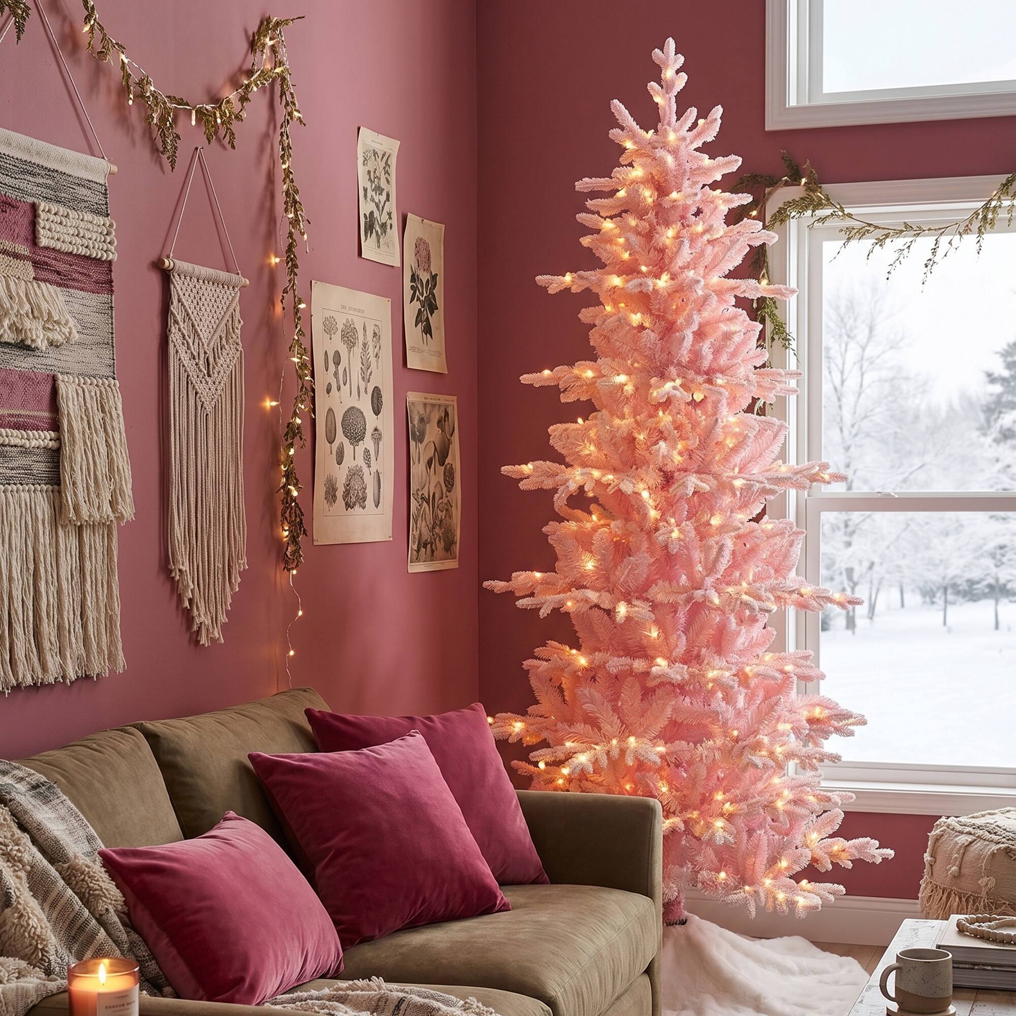 Alt View 9. Glitzhome - 7.5ft Deluxe Pre-Lit Flocked Slim Fir Artificial Christmas Tree with 360 Lights - Pink.