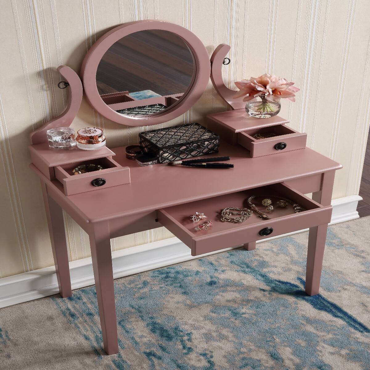 Loheer Wood Makeup Vanity Table with Stool, Adjustable Oval Mirror, 3 ...