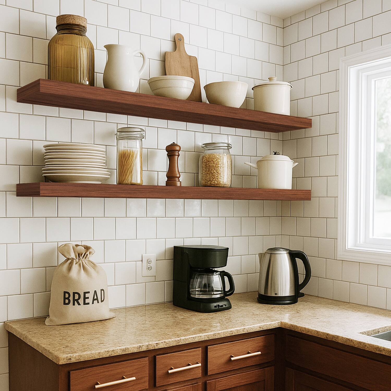 Alt View 3. BOMEDA - Floating Shelves for Wall, Wooden Mounted Wall Shelf for Room, Over Toilet Bathroom Shelves Storage, 36x7x1.5 in, 2 Pack - Walnut-like.