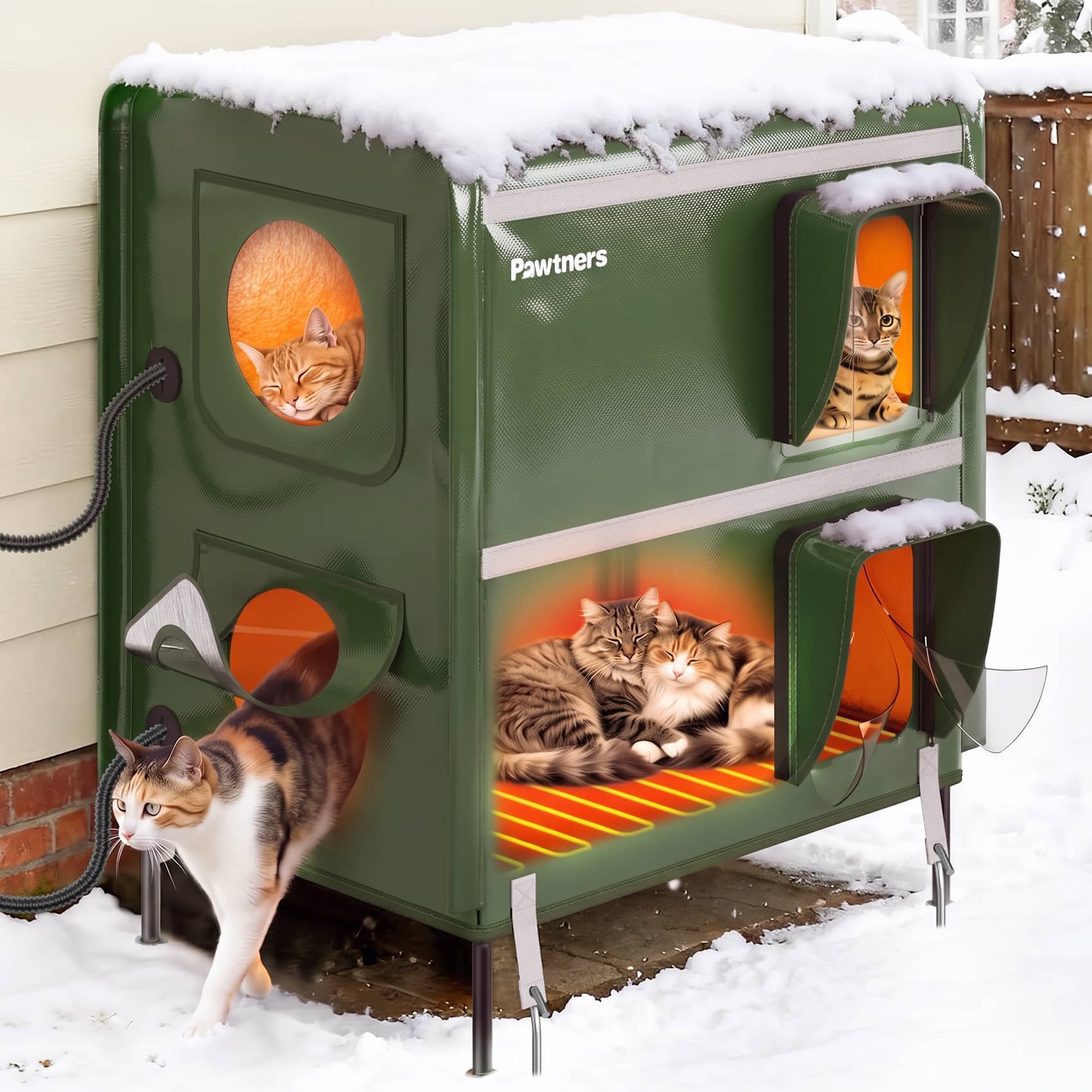 Pawtners - 2-Story Heated Outdoor Cat House, XXL Insulated Weatherproof Cat Shelter with Heated Pad for Cats in Winter - Green