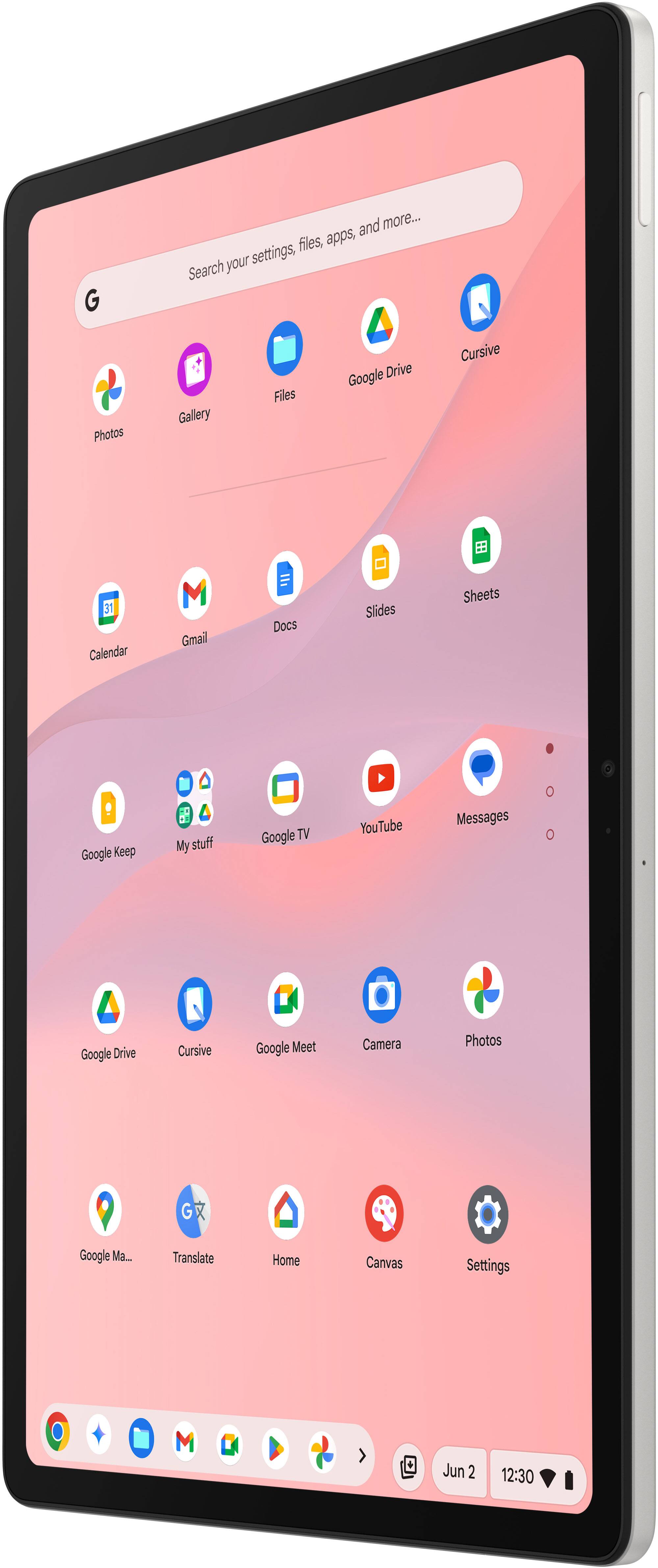 Search your settings, files, apps, and more...

- Photos
- Gallery
- Files
- Google Drive
- Cursive
- Calendar
- Gmail
- Docs
- Slides
- Sheets
- Google Keep
- My stuff
- Google TV
- YouTube
- Messages
- Google Drive
- Cursive
- Google Meet
- Camera
- Photos
- Google Maps
- Translate
- Home
- Canvas
- Settings

Jun 2 12:30