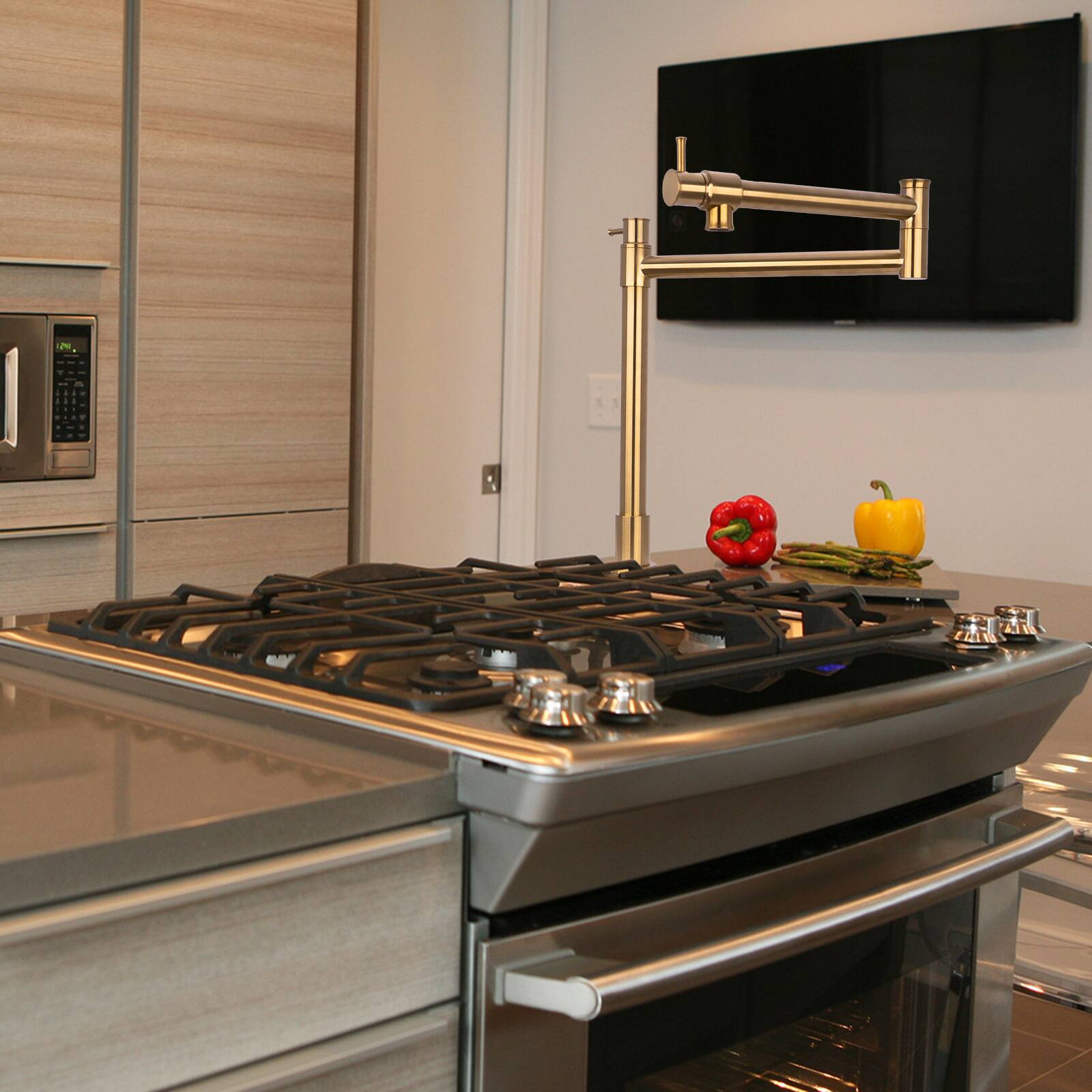 Alt View 3. Akicon - Akicon Solid Brass Deck-Mounted Pot Filler Kitchen Faucet with Double Joint Swing Arms in Brushed Gold - Brushed Gold.