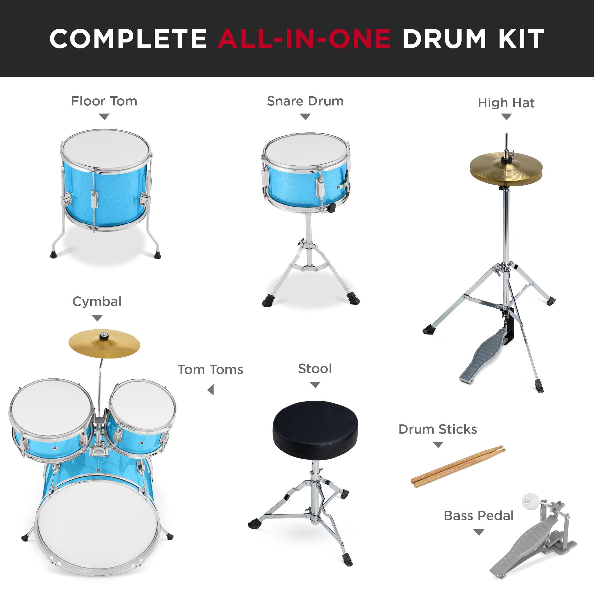 COMPLETE ALL-IN-ONE DRUM KIT

- Floor Tom
- Snare Drum
- High Hat
- Cymbal
- Tom Toms
- Stool
- Drum Sticks
- Bass Pedal