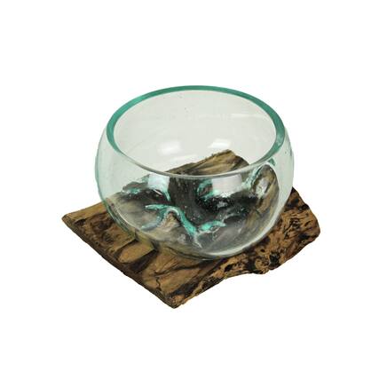 Front. Chesapeake Bay - Medium Wide Molten Glass on Teak Driftwood Sculptural Vase and Bowl - Brown.