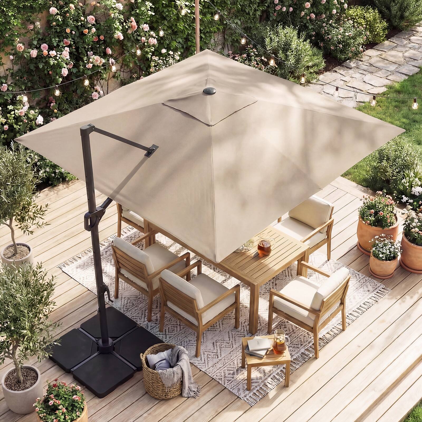 Alt View 1. Gymax - Gymax 10 FT Cantilever Outdoor Umbrella w/ 32 Solar LED Lights & 220 LBS Base Beige & Black - Beige.
