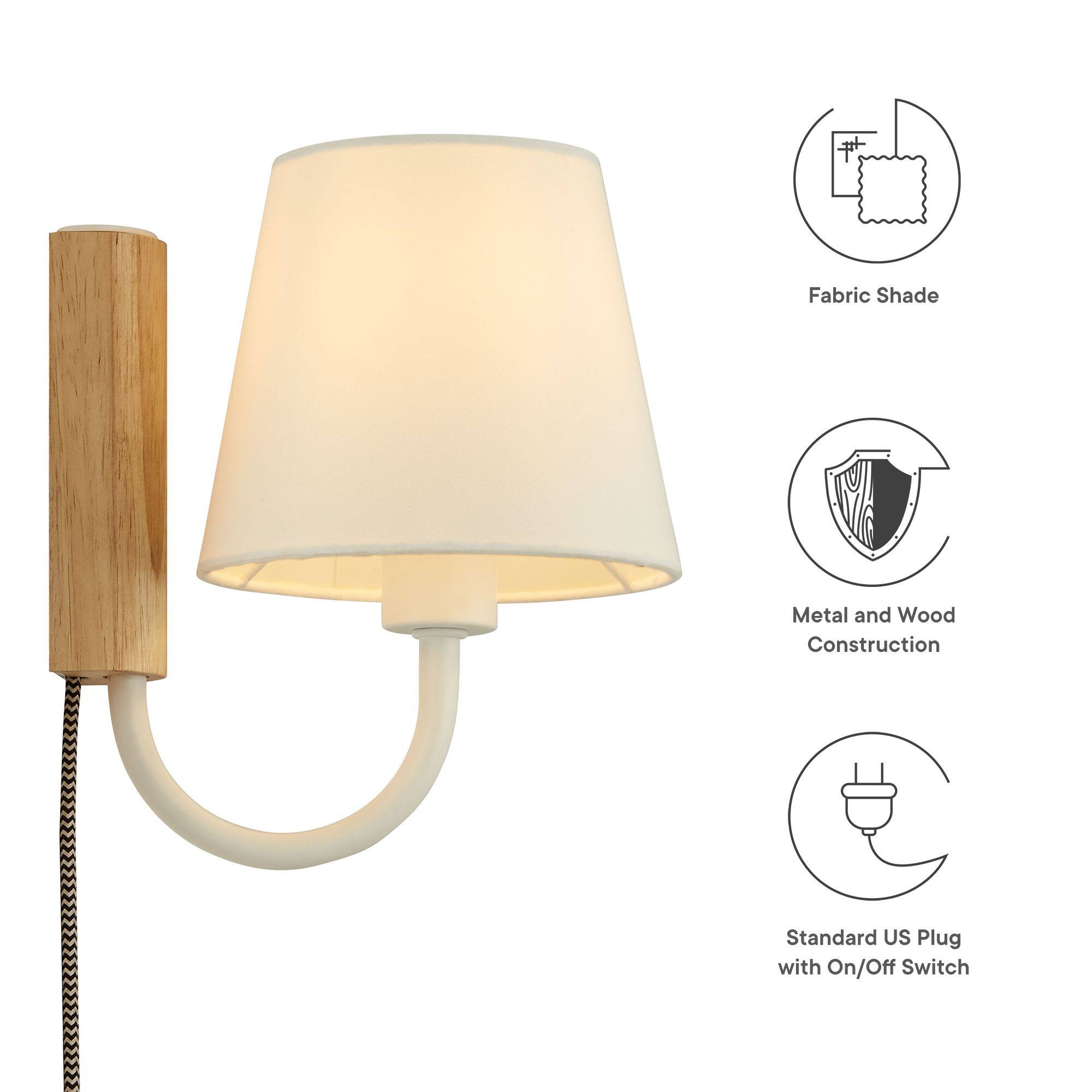 - Fabric Shade
- Metal and Wood Construction
- Standard US Plug with On/Off Switch