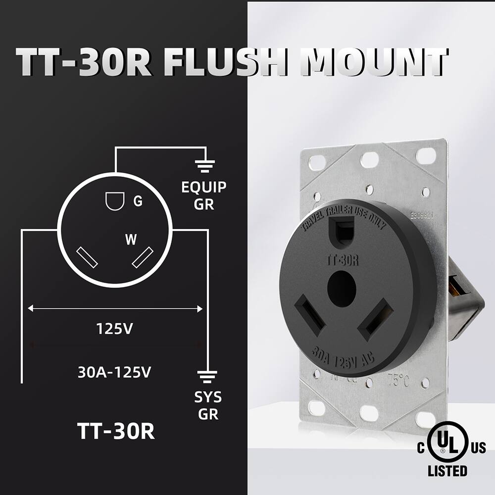 TT-30R FLUSH MOUNT  
EQUIP GR  
W  
125V  
30A-125V  
SYS GR  
TT-30R  
125V AC  
75°C  
UL LISTED  
TRAVEL TRAILER USE ONLY  
9909921