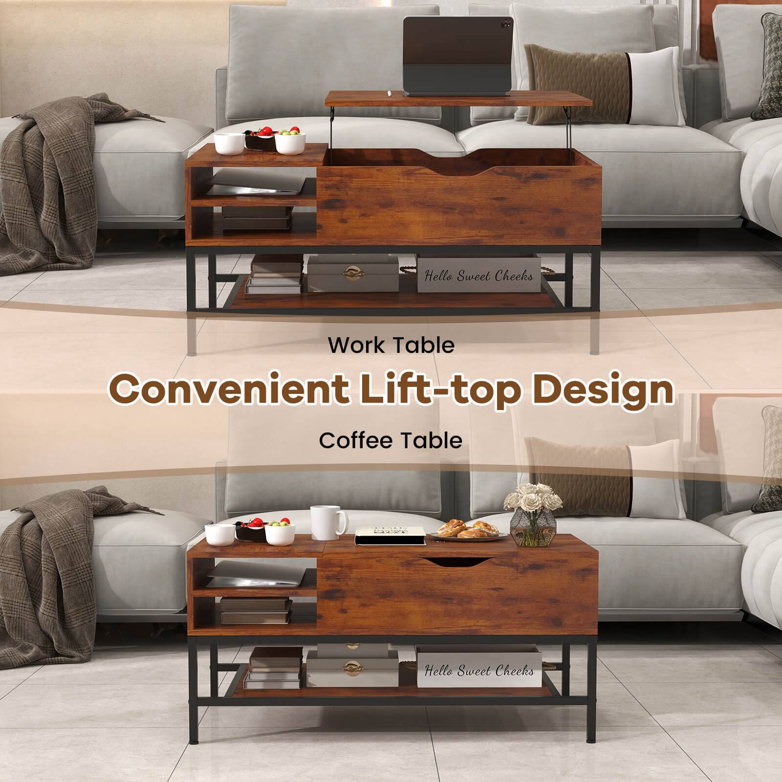 The text on the image is grouped and corrected as follows:
"Convenient Lift-top Design Coffee Table"