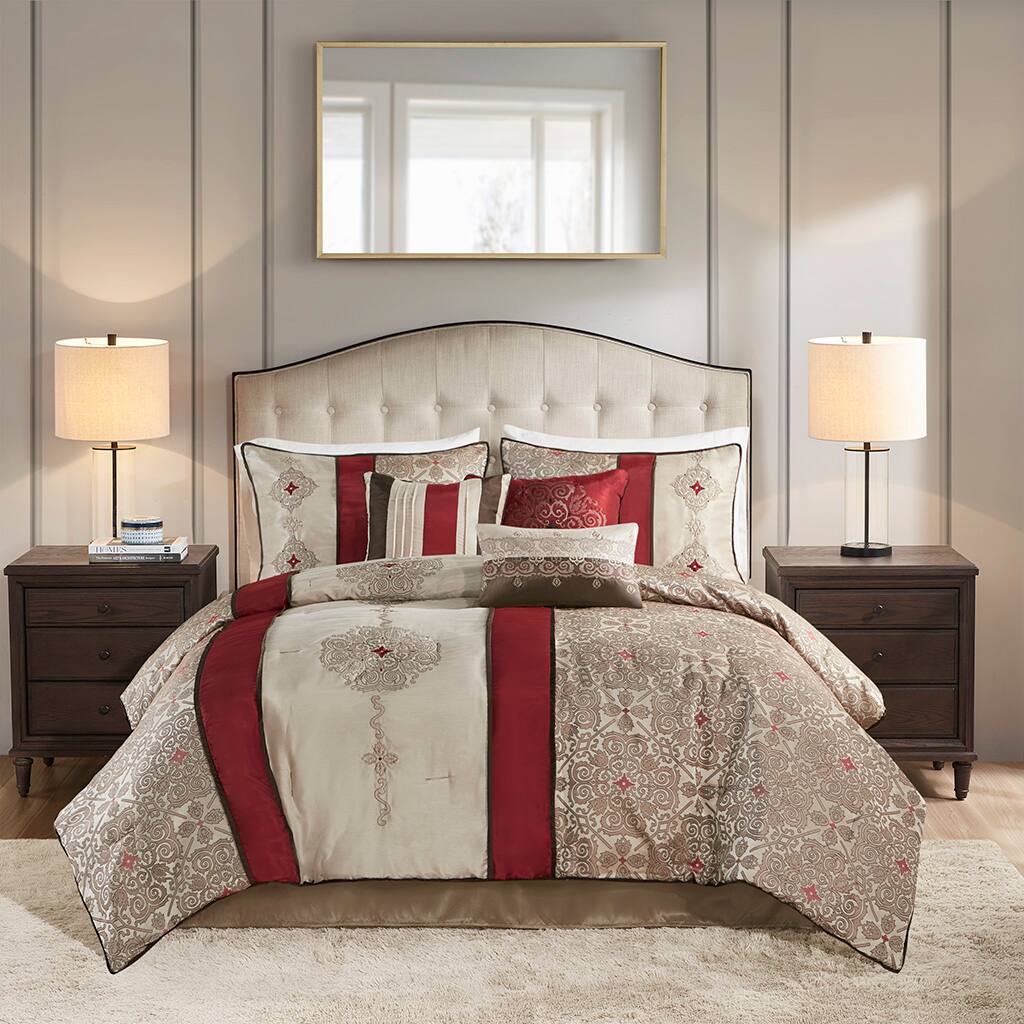 Back. TinyHomie - Cal King 7 Piece Jacquard Comforter Set with Throw Pillows - Red.