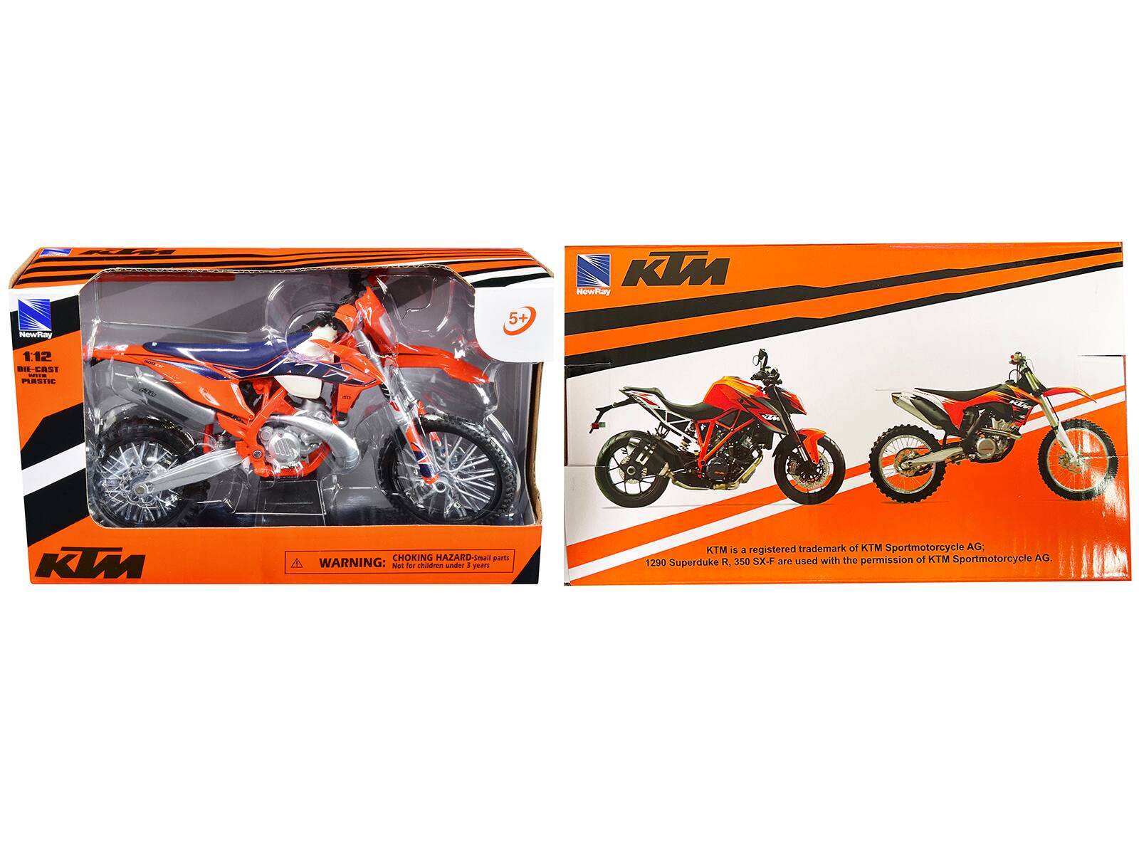 KM NewRay Nowtay 5+ 1:12 BOE DIS-CAST MASIN - KIM CHOKING HAZARD-Small parts WARNING: Not for children under 3 years. KTM 3 registered trademark of KTM Sportmotorcycle AG: 1290 Superduke R, 350 SX-F are used with the permission of KTM Sportmotorcycle AG.