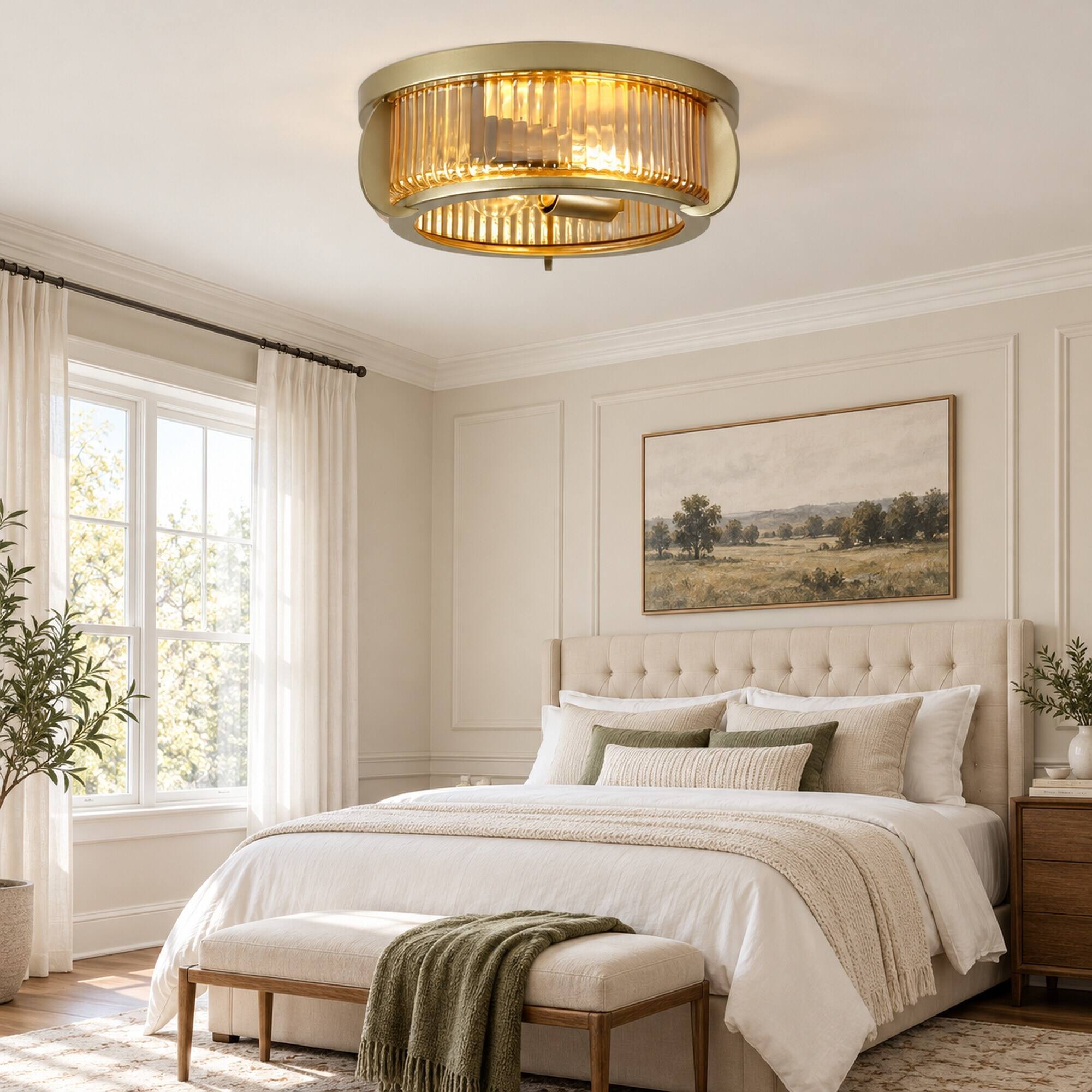 RYHNUYNE Semi Flush Mount Ceiling Light, 11.81 in Round Ribbed Glass ...