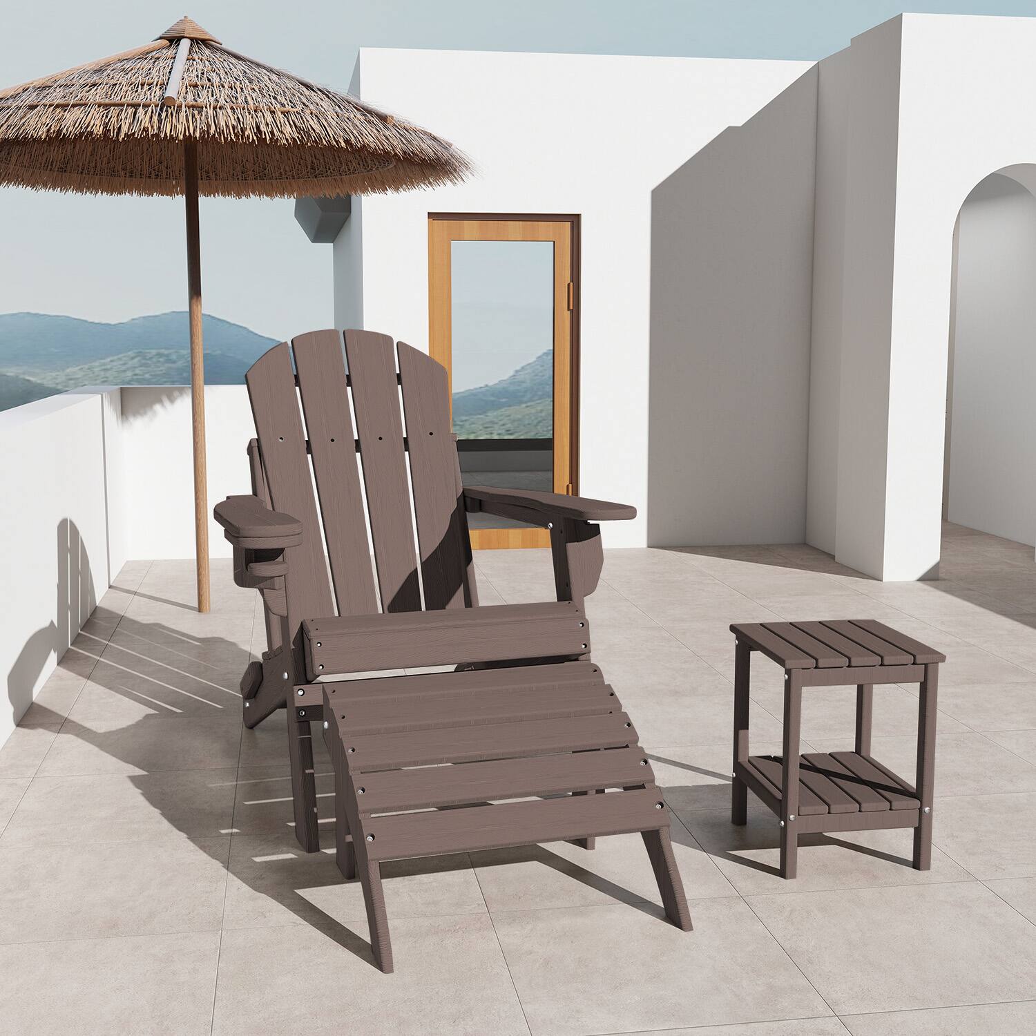 Alt View 1. FODINGHILL - HDPE Adirondack Ottoman with Wood Grain, All weather Footrest for Patio & Garden - Dark Brown.