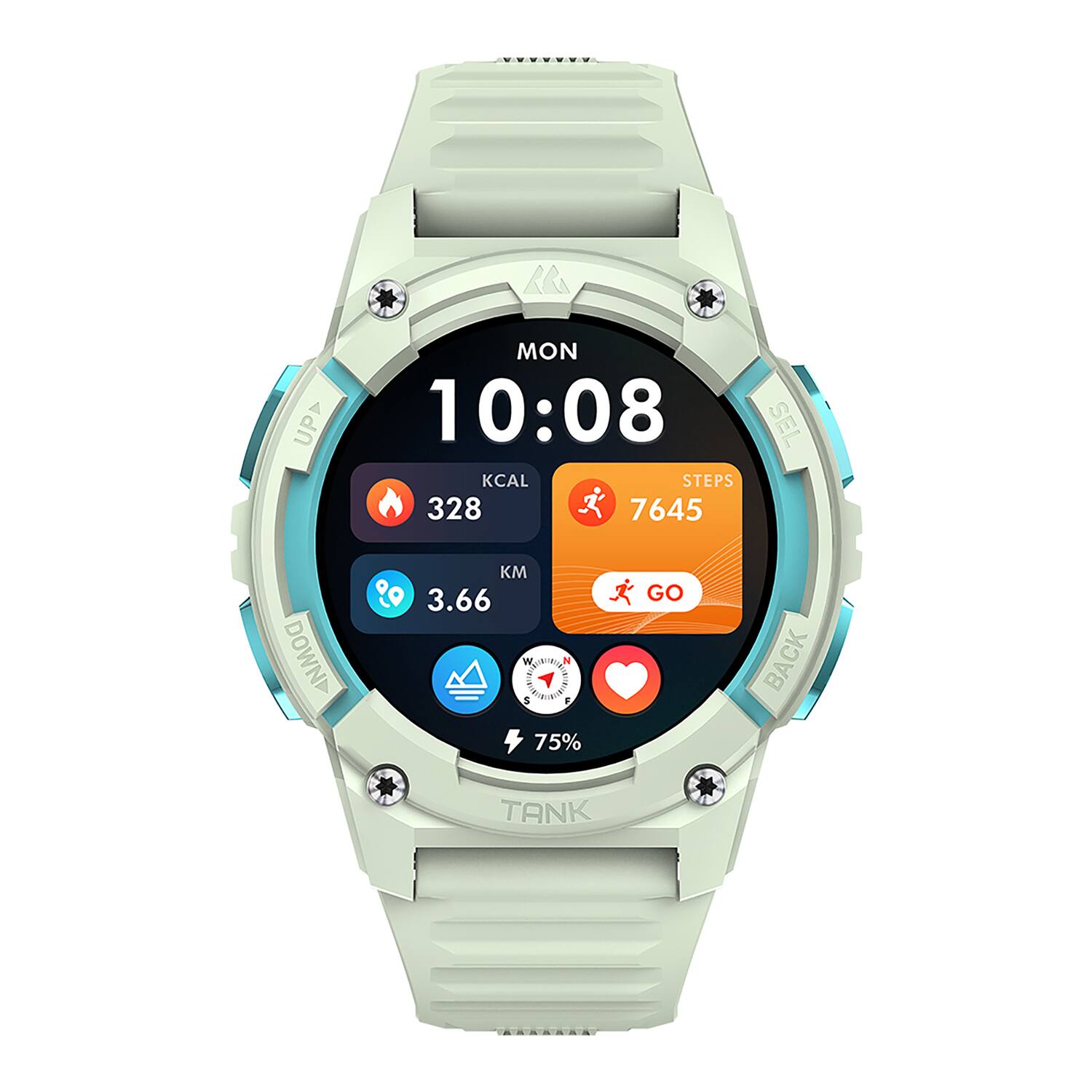 UP MON 10:08 KCAL 328 STEPS 7645 KM 3.66 HR 75% GO BACK TANK