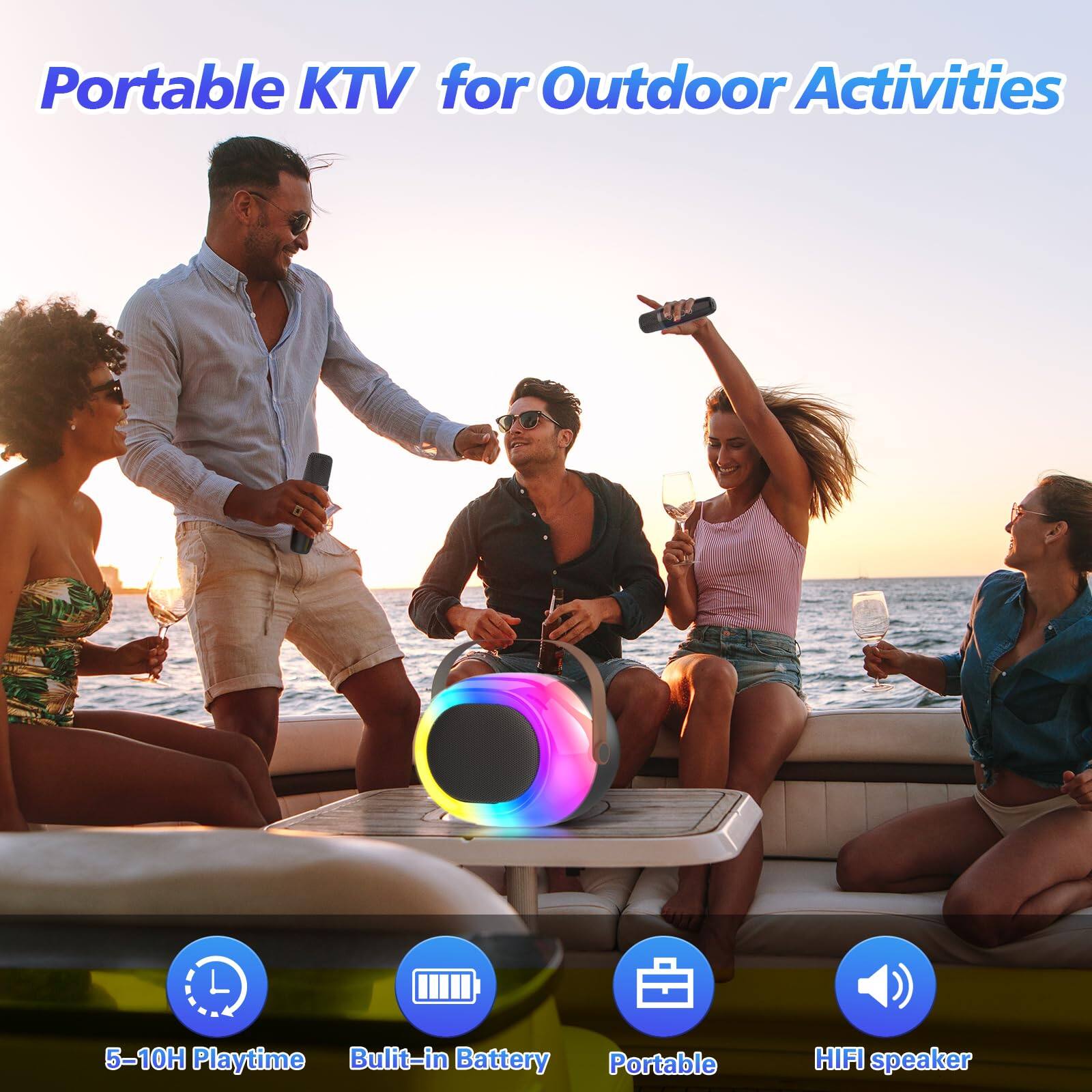 Portable KTV for Outdoor Activities

- 5-10H Playtime
- Built-in Battery
- Portable
- HIFI speaker