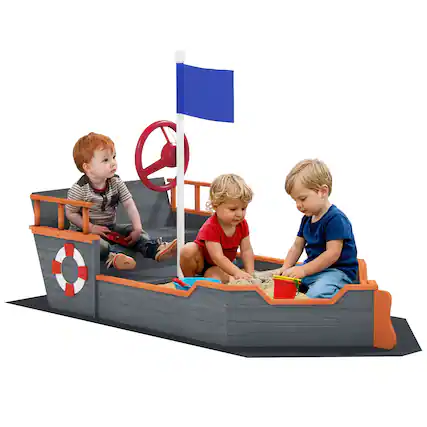 Front. Outsunny - Wooden Kids Sandbox, Pirate Ship Outdoor Sandboat, Bench Seats, Storage, Non-Woven Fabric Cloth, Lawn.