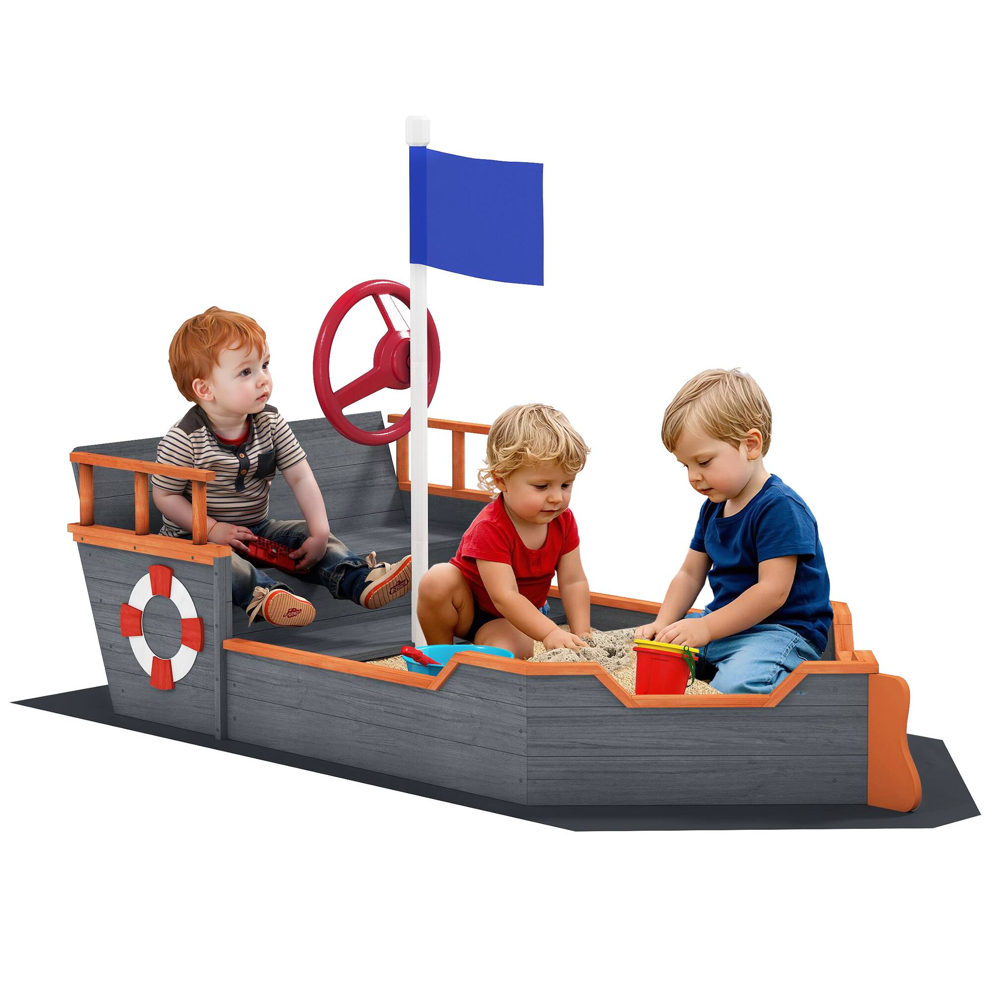 Front. Outsunny - Wooden Kids Sandbox, Pirate Ship Outdoor Sandboat, Bench Seats, Storage, Non-Woven Fabric Cloth, Lawn.