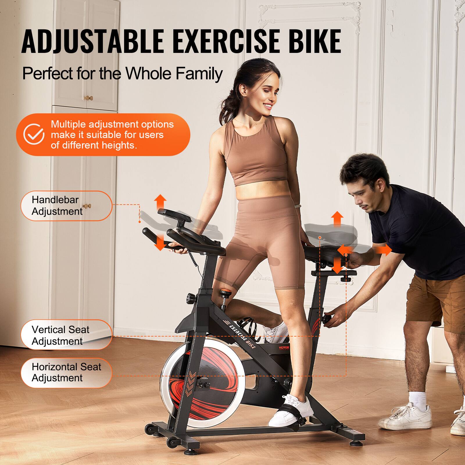 ADJUSTABLE EXERCISE BIKE  
Perfect for the Whole Family  

Multiple adjustment options make it suitable for users of different heights.  

- Handlebar Adjustment  
- Vertical Seat Adjustment  
- Horizontal Seat Adjustment