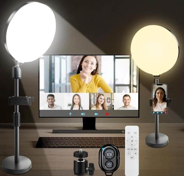 Schertz - Desk Ring Light with Stand, Phone Holder, Remote & Touch Controls, Dimmable LED for Video Conference & Streaming