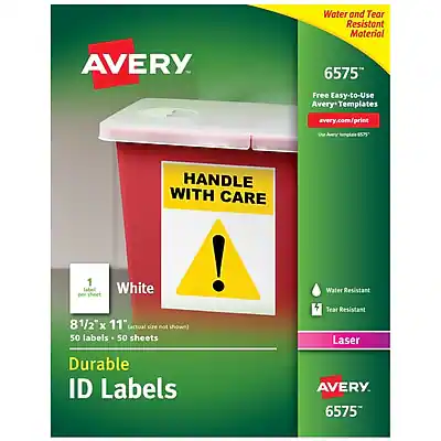 Avery 6575
Water and Tear Resistant Material
Free Easy-to-Use Avery Templates
avery.com/print
White
1 per sheet
8 1/2" x 11" (actual size not shown)
50 labels - 50 sheets
Durable ID Labels
Water Resistant
Tear Resistant
Laser
Handle with Care
Avery 6575
