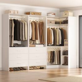 Aheaplus - 55.2'' - 80.9'' W Corner Closet Organizer System with 6 Wooden Drawers and 4 Hanging Rods - White