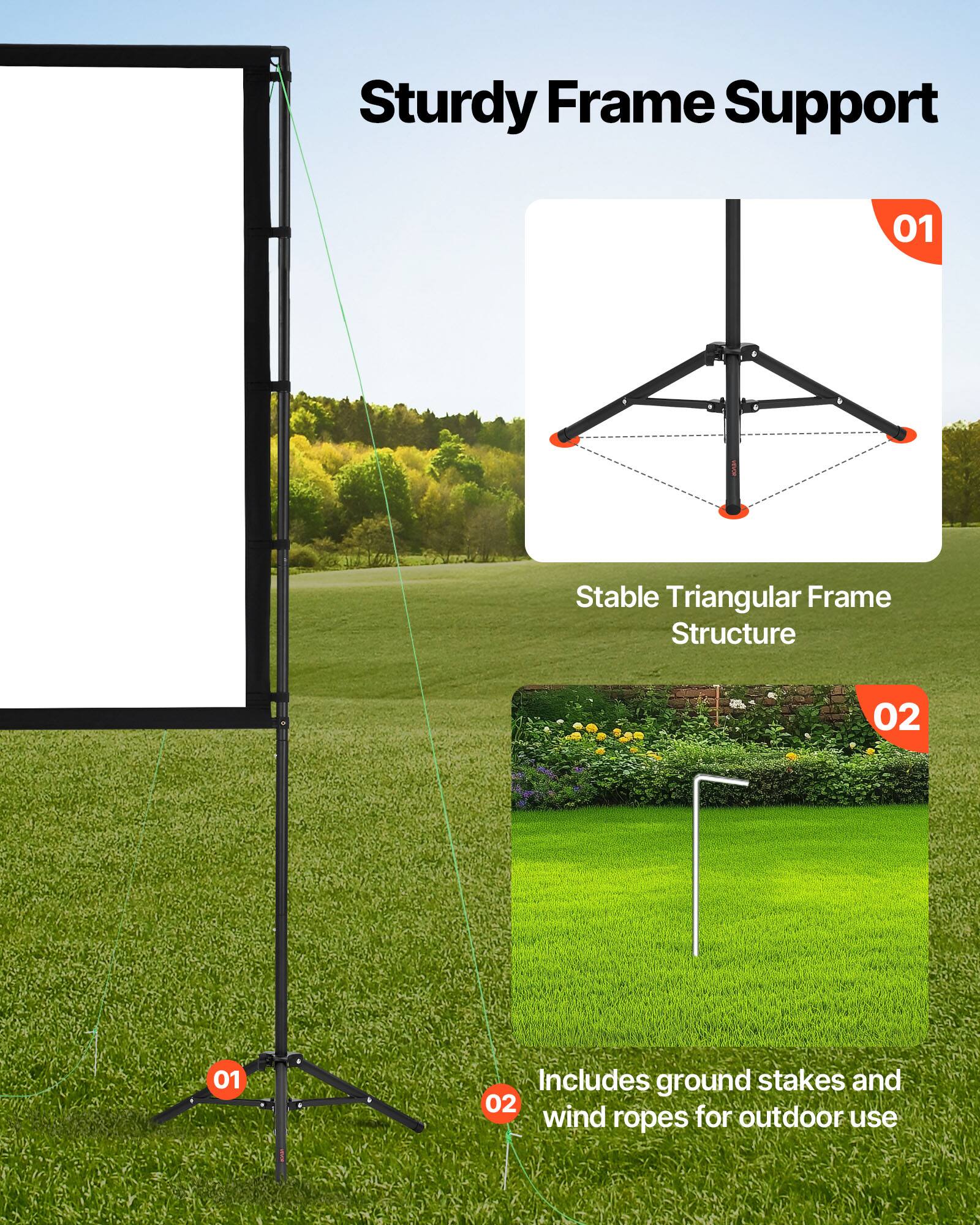 Sturdy Frame Support

01. Stable Triangular Frame Structure

02. Includes ground stakes and wind ropes for outdoor use