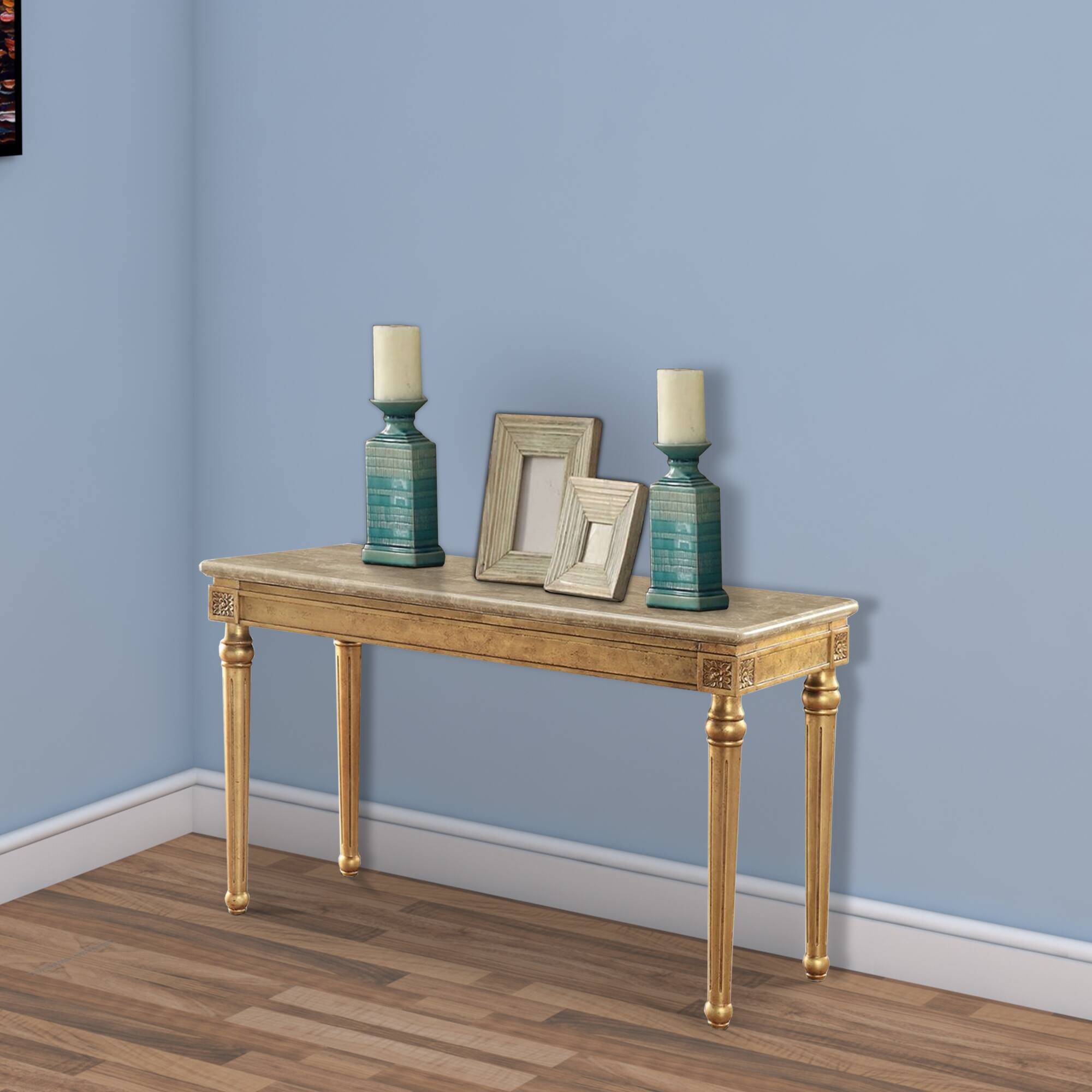 Alt View 5. Manhattan Lane - Marble Top Sofa Table With Fluted Detail Wooden Turned Legs - Gold.
