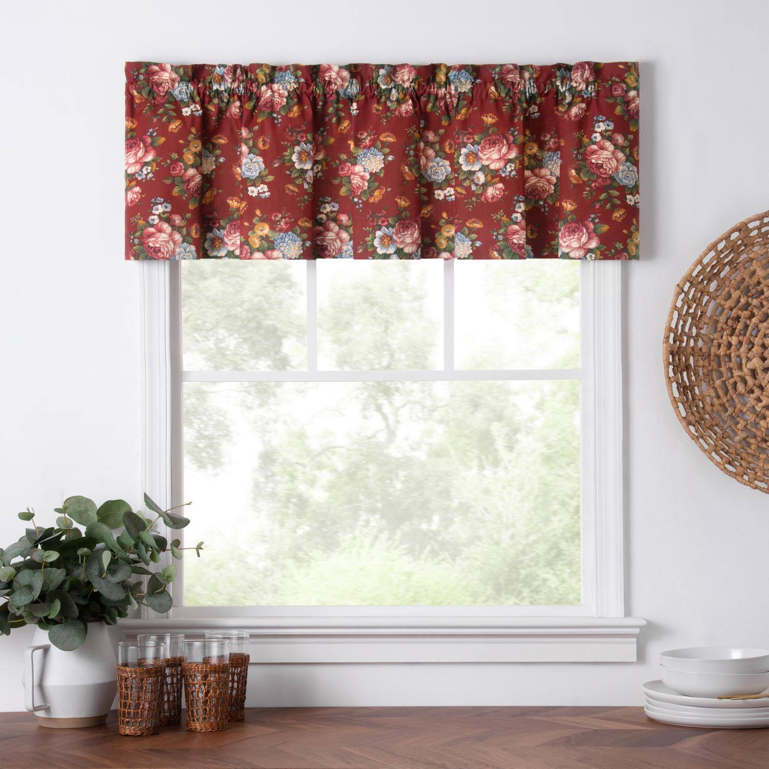 Left. Ellis Curtain - Ellis Bella Rose Stylish Medium Scale Printed Floral Pattern 1.5" Rod Pocket Tailored Valance for Windows 58"x15" Red - Red.