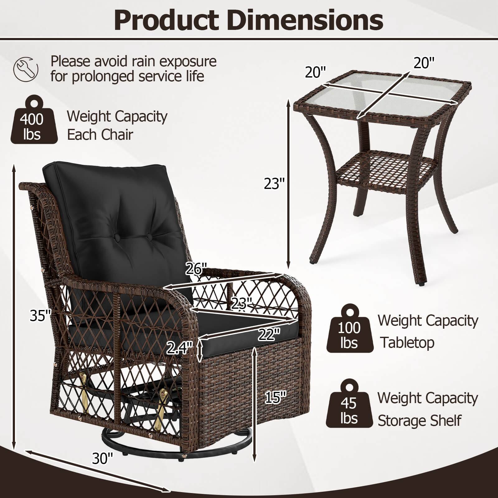 Product Dimensions

Please avoid rain exposure for prolonged service life

20" 20"

400 lbs Weight Capacity Each Chair

23" 26" 35" 2.4" 23" 22"

100 Weight Capacity lbs Tabletop

15" 45 lbs Weight Capacity Storage Shelf

30"