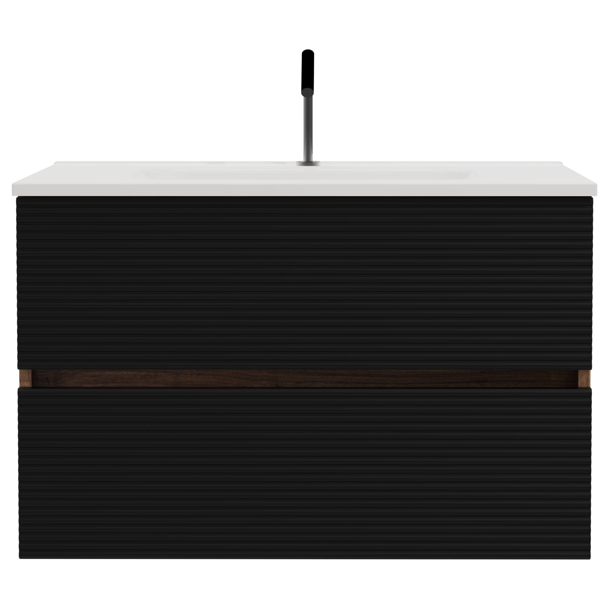 Alt View 4. Boyel Living - 30 Inch Wall Mounted Soft Black & Walnut Bathroom Vanity with Integrated Ceramic Sink / Large Storage, Pre-Assembled - Black+Brown.