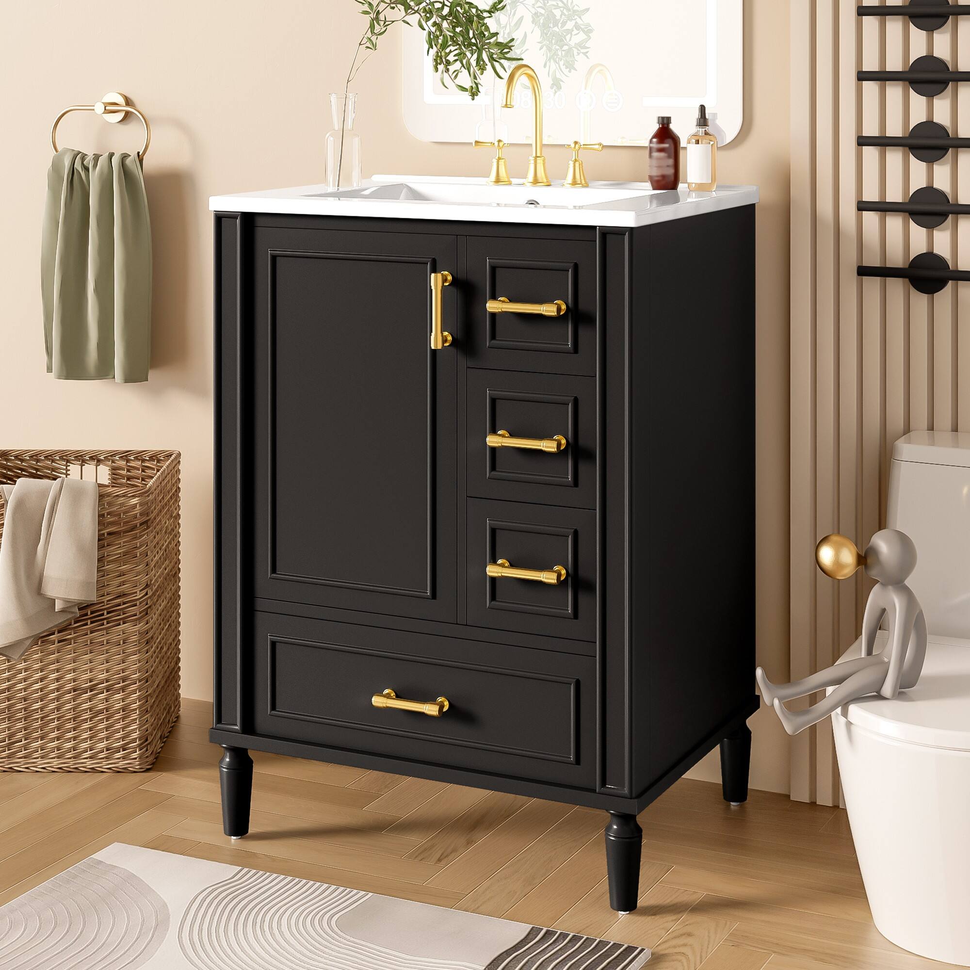 Alt View 1. Ecooso - 24" Bathroom Vanity with Ceramic Sink, 3 Drawers, Soft-Close Door, Door-Mounted Rack, Freestanding Cabinet - Black.